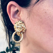 Vintage Earrings, Clip On Earrings, Lion Door Knocker Earrings, Large Earrings, Costume Jewelry, Gold Toned Earrings, Vintage Jewelry, Lion
