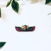 Vintage Brooch, 1920s Pin, Egyptian Revival Pin, Enameled Pin, Egyptian Jewelry, Winged Pin, Green Pin, Red Pin, Brass Tone, Vintage Jewelry