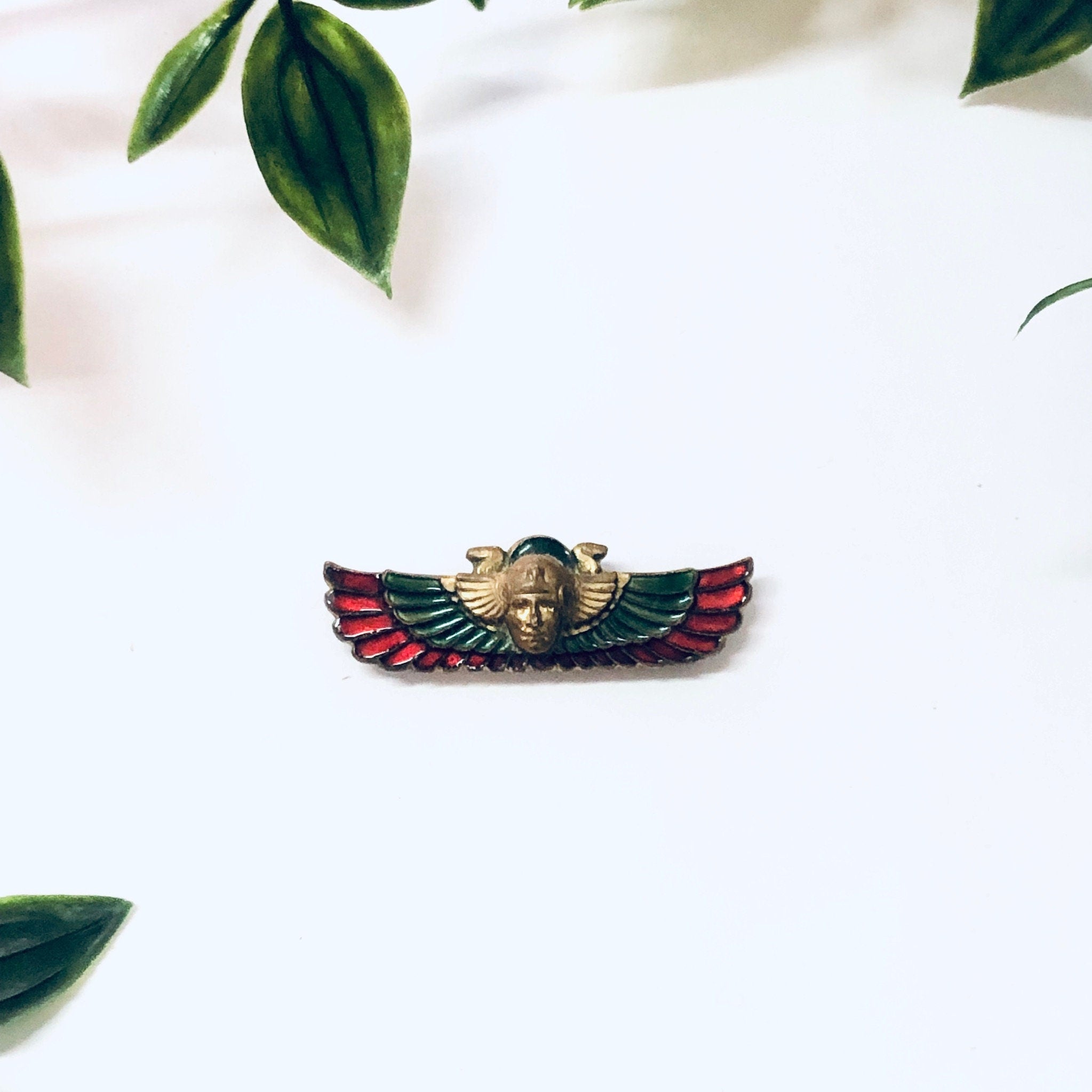 Vintage Brooch, 1920s Pin, Egyptian Revival Pin, Enameled Pin, Egyptian Jewelry, Winged Pin, Green Pin, Red Pin, Brass Tone, Vintage Jewelry