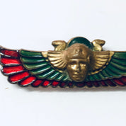 Vintage Brooch, 1920s Pin, Egyptian Revival Pin, Enameled Pin, Egyptian Jewelry, Winged Pin, Green Pin, Red Pin, Brass Tone, Vintage Jewelry