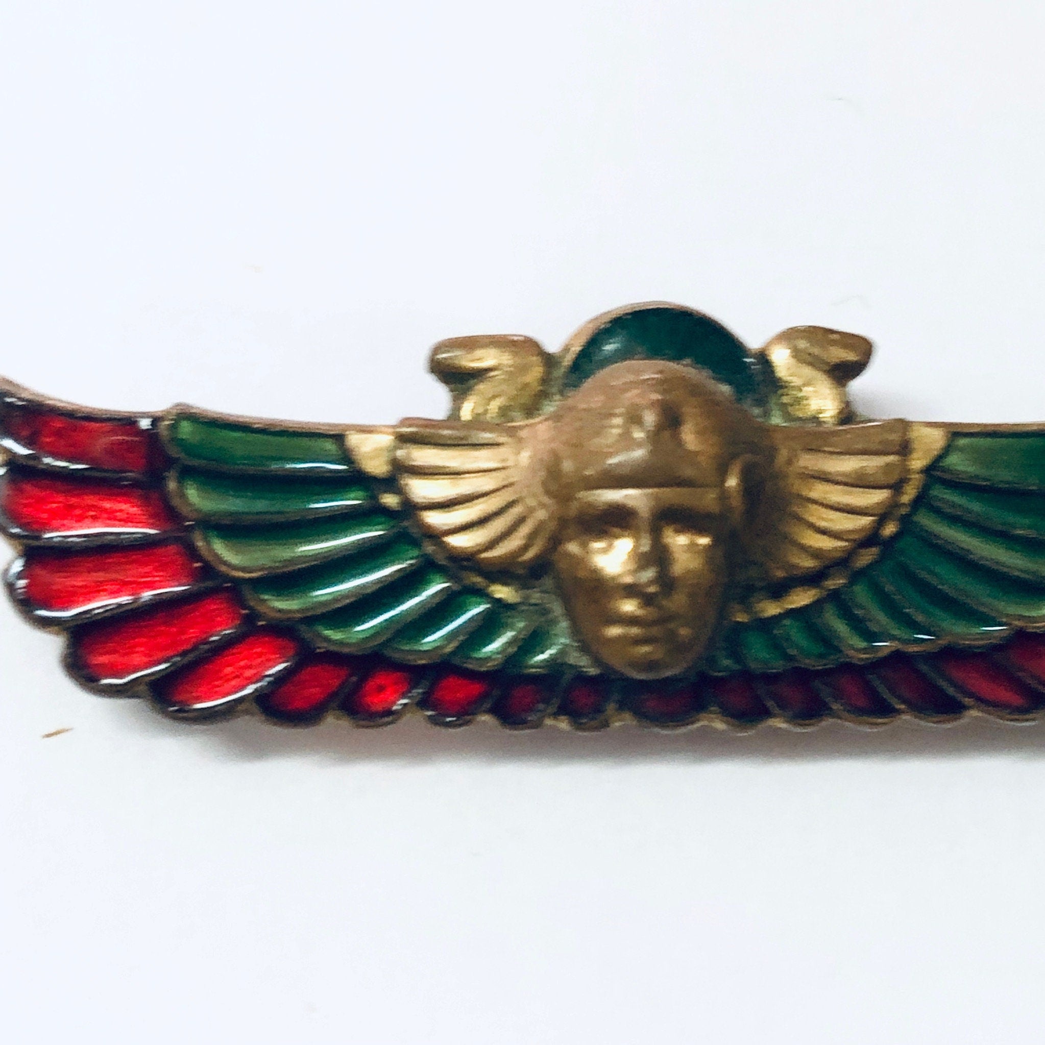 Vintage Brooch, 1920s Pin, Egyptian Revival Pin, Enameled Pin, Egyptian Jewelry, Winged Pin, Green Pin, Red Pin, Brass Tone, Vintage Jewelry