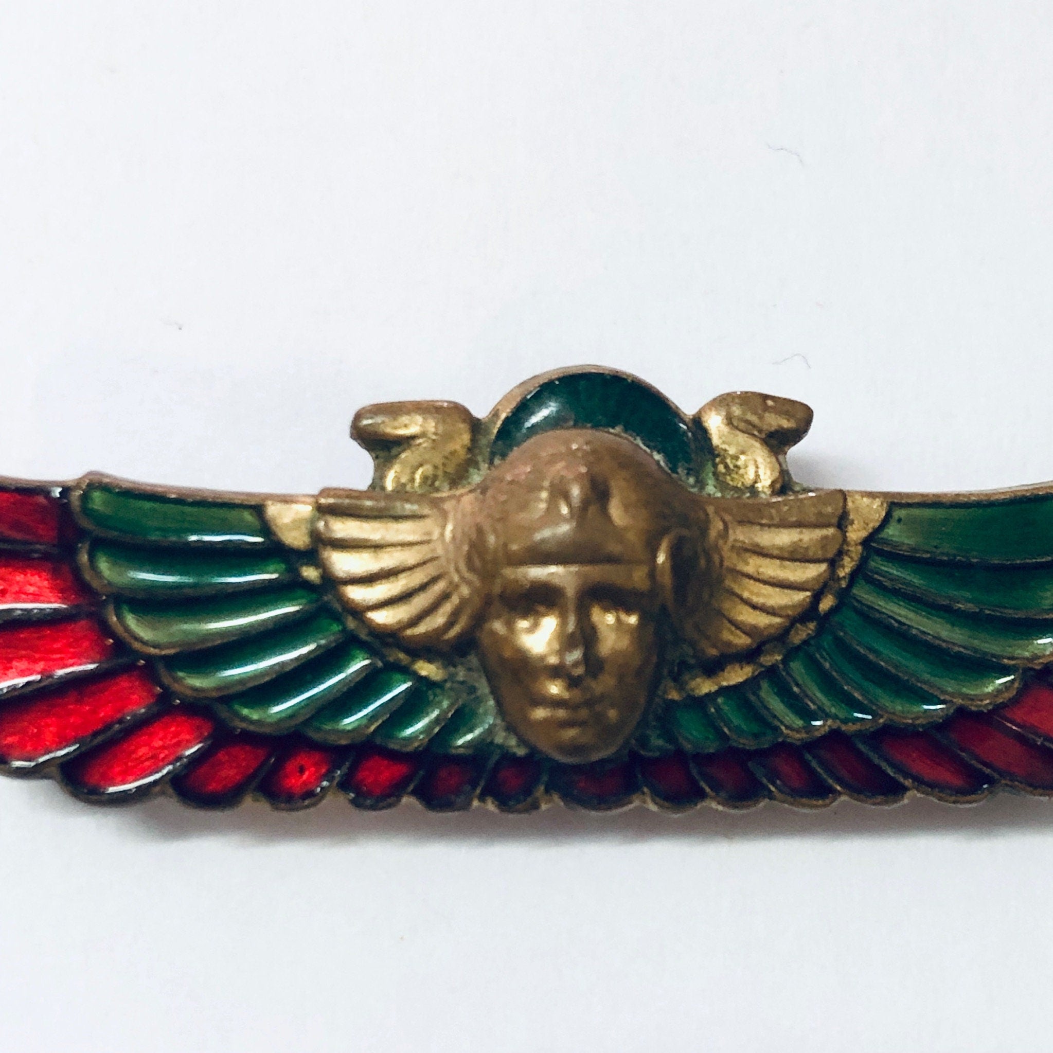 Vintage Brooch, 1920s Pin, Egyptian Revival Pin, Enameled Pin, Egyptian Jewelry, Winged Pin, Green Pin, Red Pin, Brass Tone, Vintage Jewelry