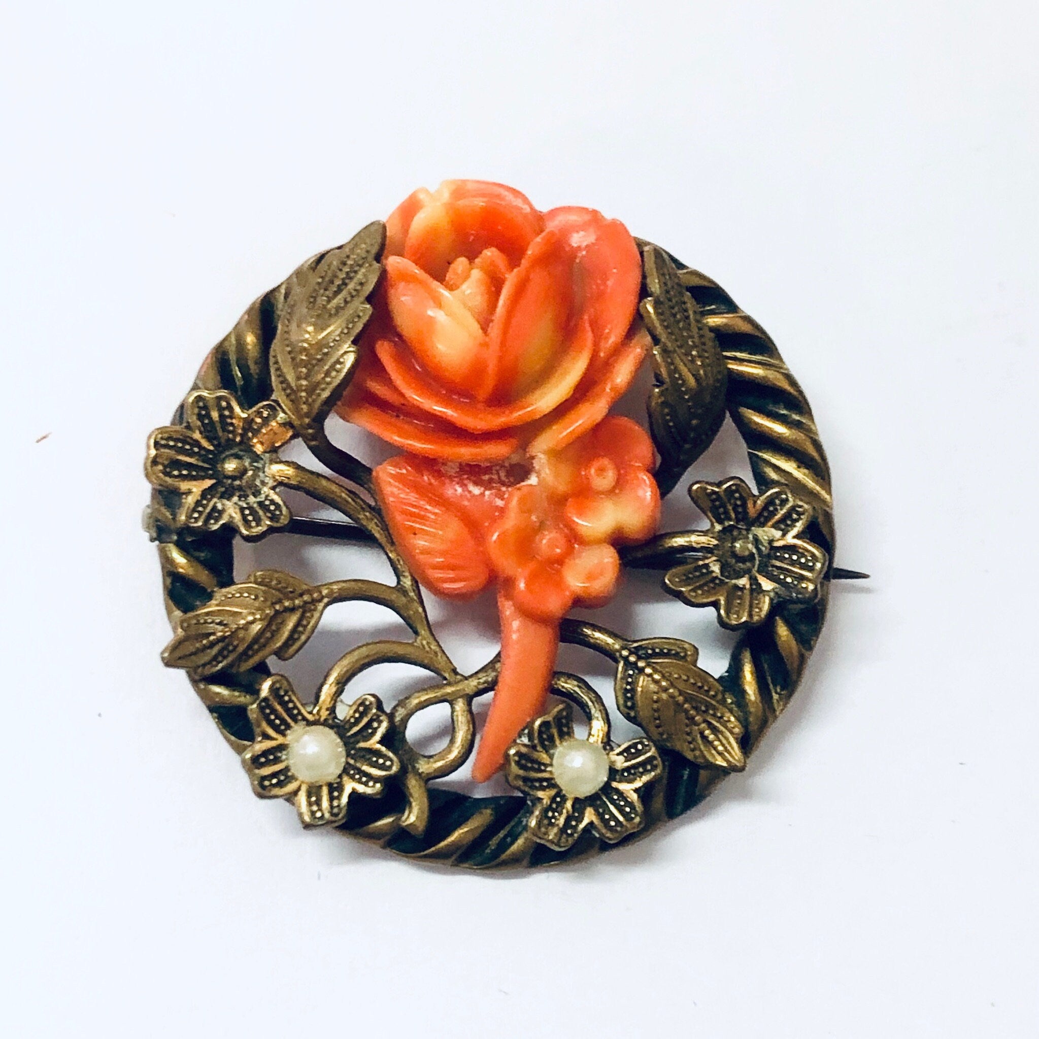 Vintage Brooch, Flower Brooch, Rose Jewelry, Orange Flower, Yellow and Orange, Brass Toned Pin, Vintage Jewelry, Round Brooch, Floral Design