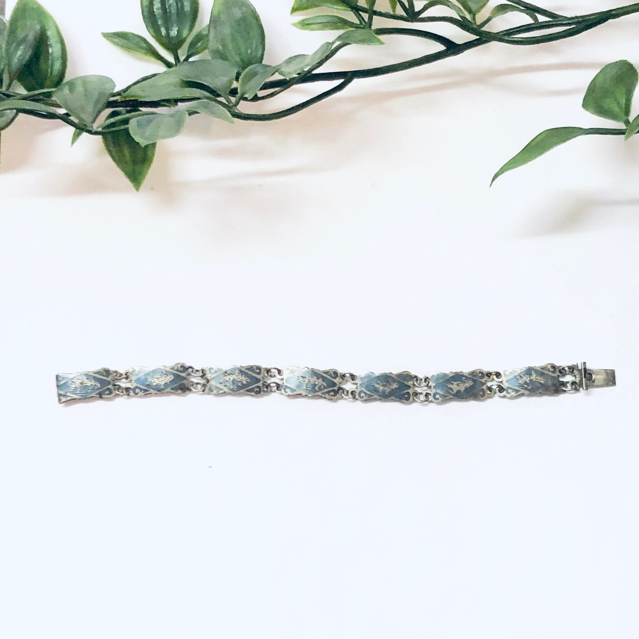 Vintage silver bracelet with blue enamel detail from Siam, small size, 925 sterling silver goddess jewelry.