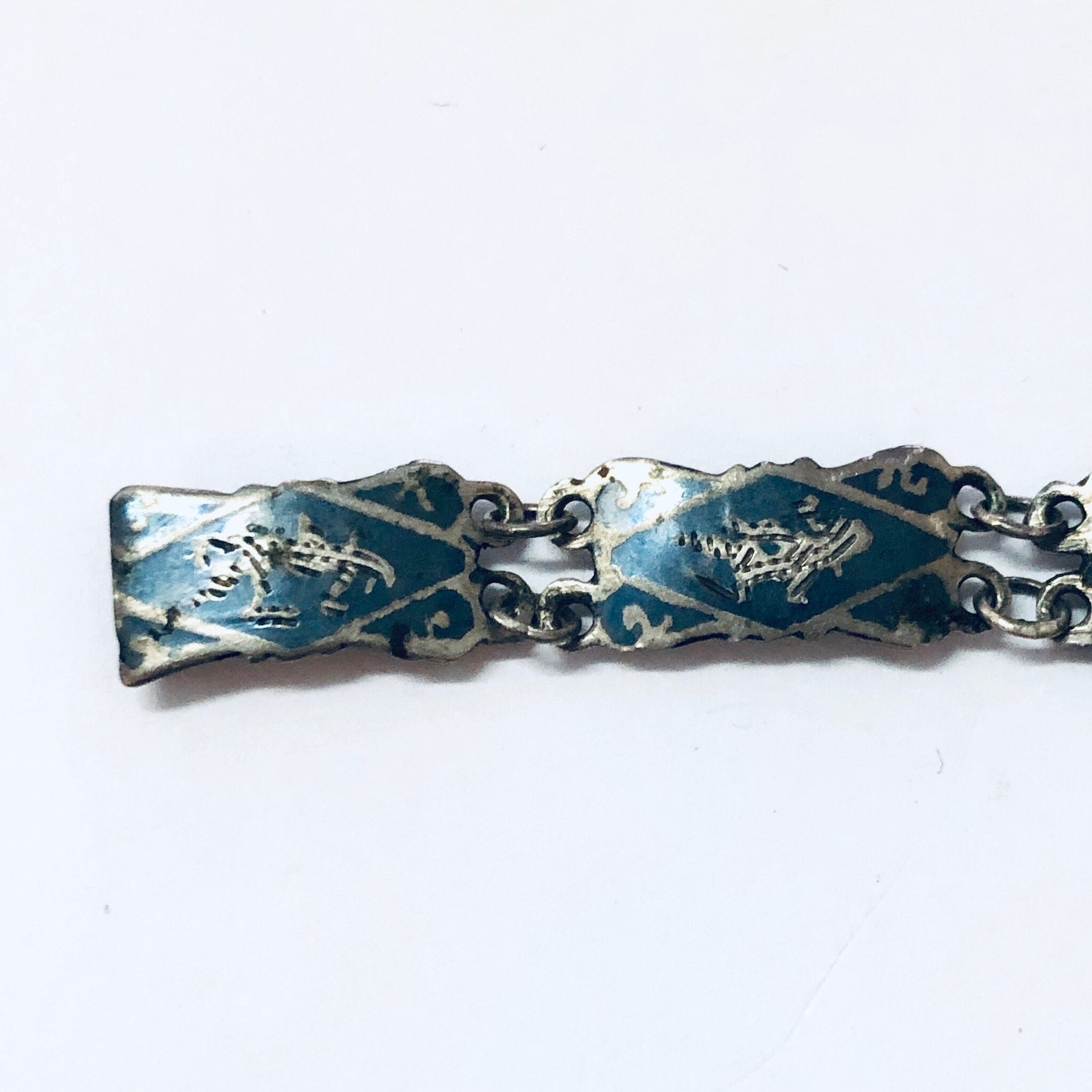Vintage Siam sterling silver bracelet with blue enamel design, featuring goddess motif. Small size vintage 925 silver jewelry.