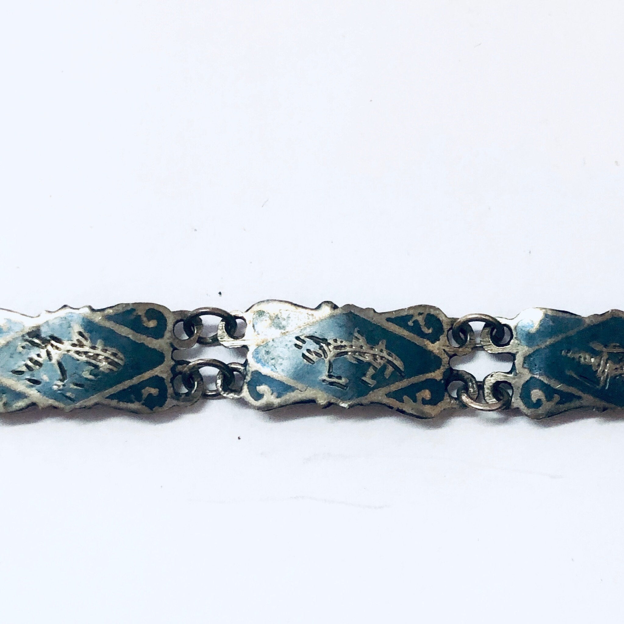 Vintage Siam sterling silver bracelet with blue enamel and goddess motif design, small size, 925 silver jewelry.