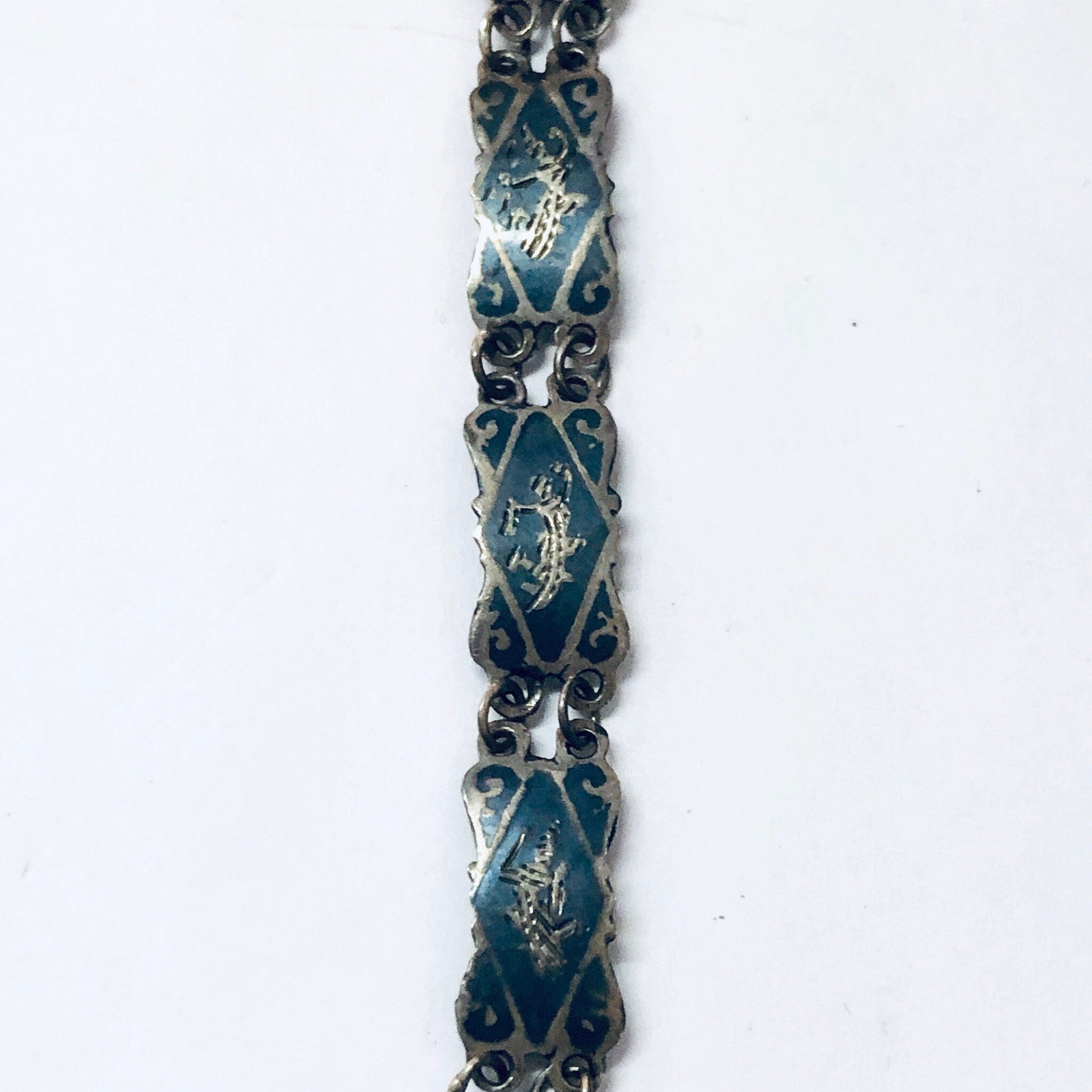 Vintage Siam sterling silver bracelet with blue enamel and goddess motif, small size, 925 silver vintage jewelry.