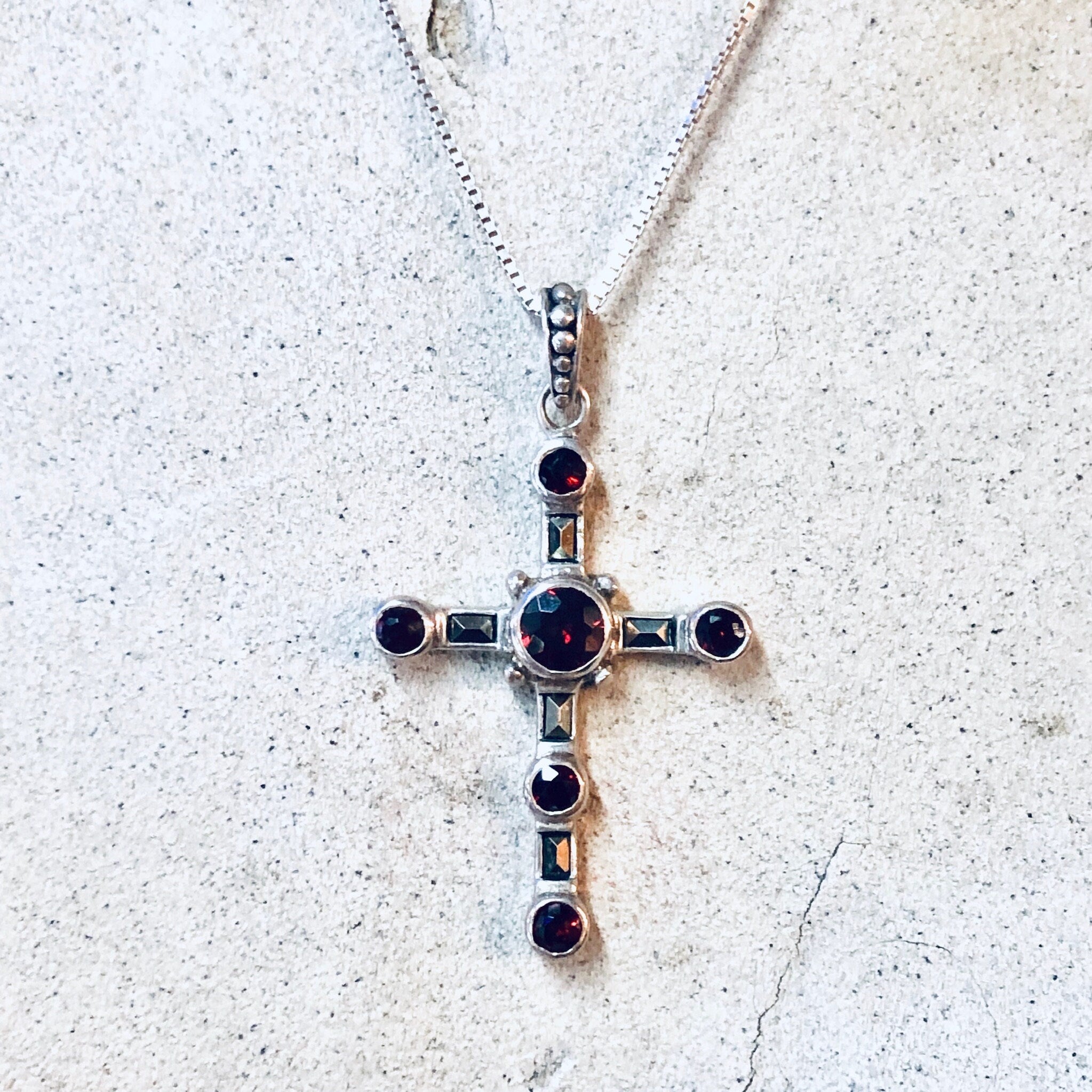 Vintage Necklace, Cross Necklace, Cross Pendant, Garnet Cross, Silver Necklace, Silver Cross, Religious Jewelry, Crucifix Necklace, Red 925