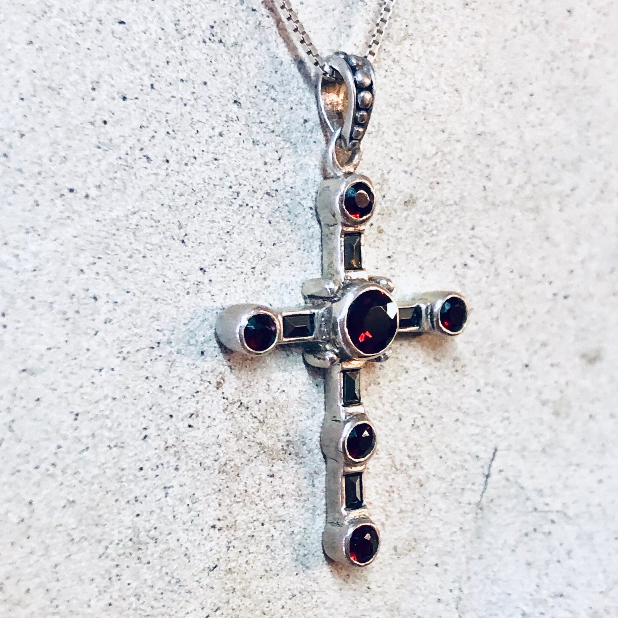 Vintage Necklace, Cross Necklace, Cross Pendant, Garnet Cross, Silver Necklace, Silver Cross, Religious Jewelry, Crucifix Necklace, Red 925