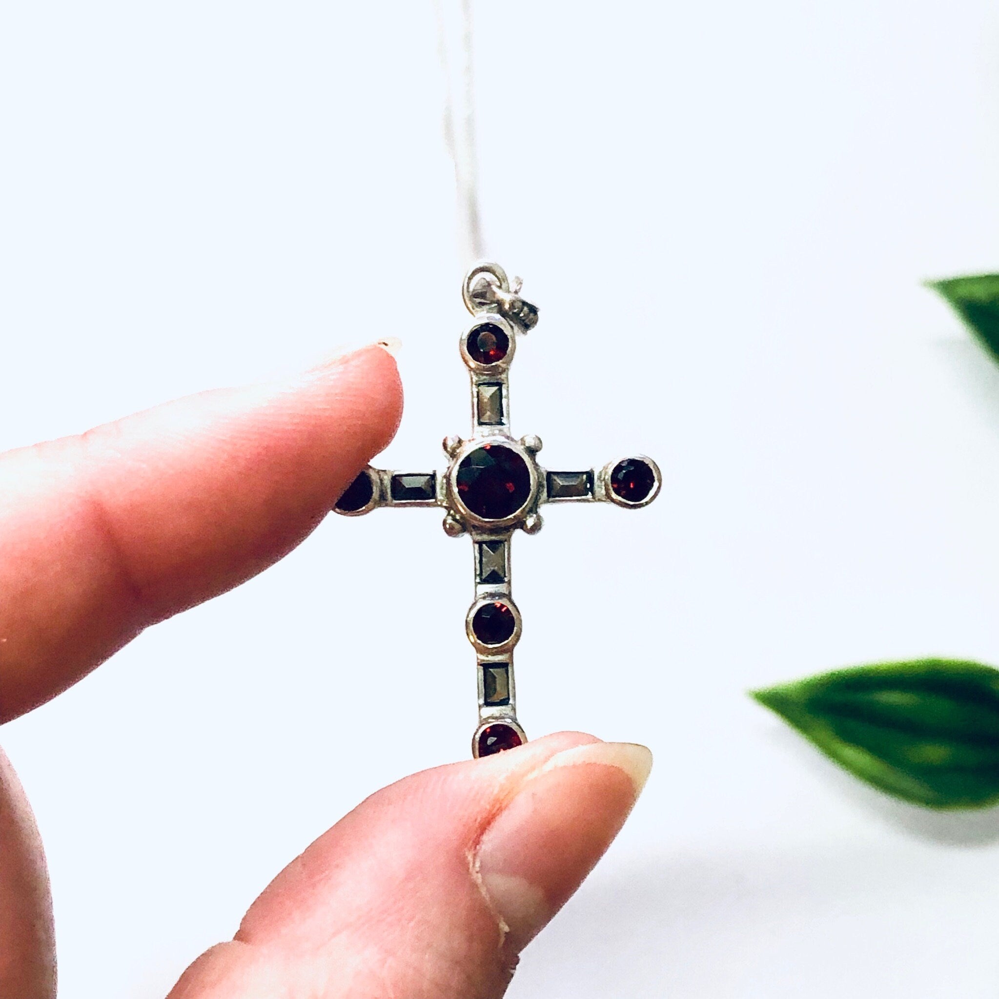 Vintage Necklace, Cross Necklace, Cross Pendant, Garnet Cross, Silver Necklace, Silver Cross, Religious Jewelry, Crucifix Necklace, Red 925