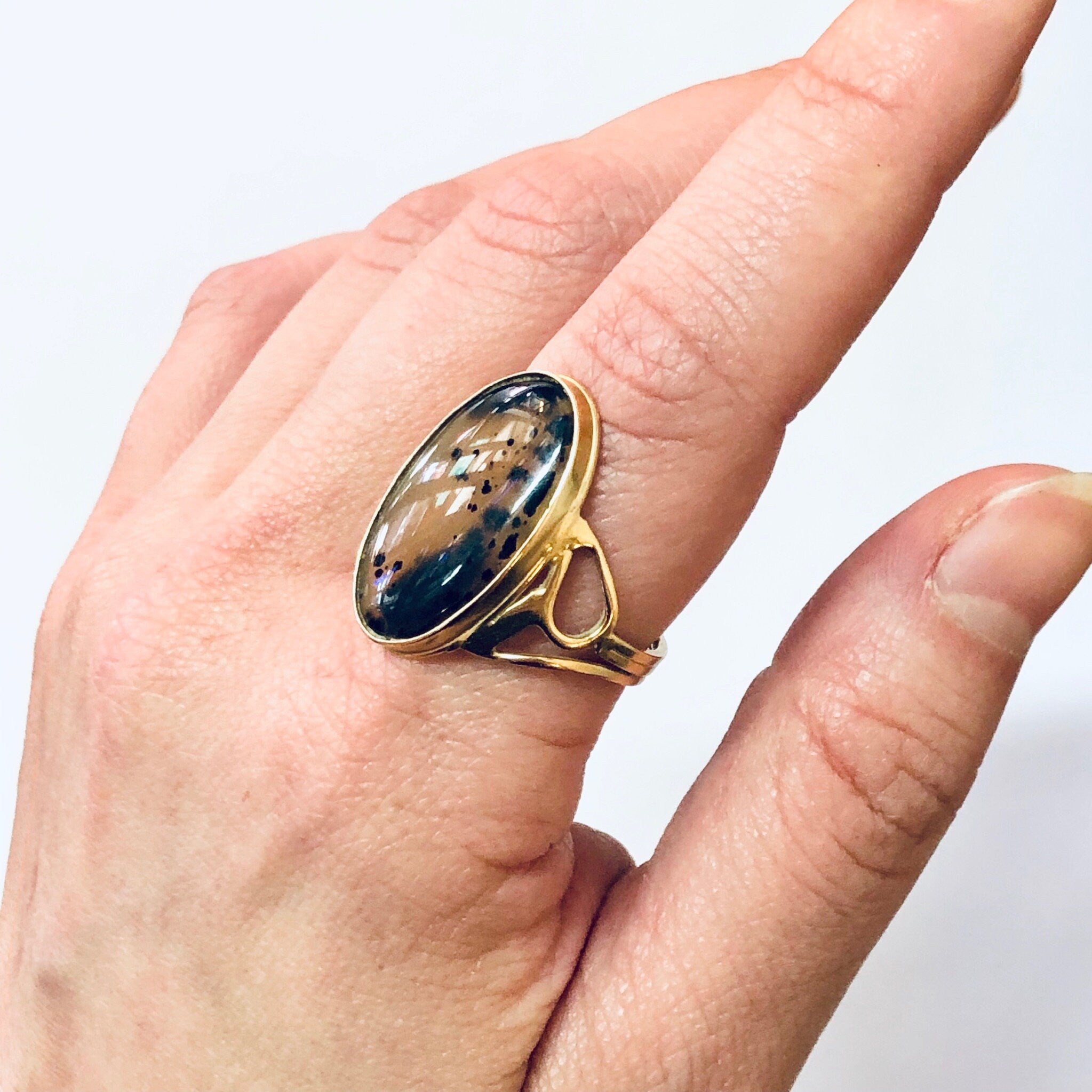 Vintage Ring, Gold Ring, Moss Agate Ring, 14K Ring, 14 Carat Gold, Polished Stone, Natural Stone, Spotted Gemstone, Vintage Jewelry, Gold