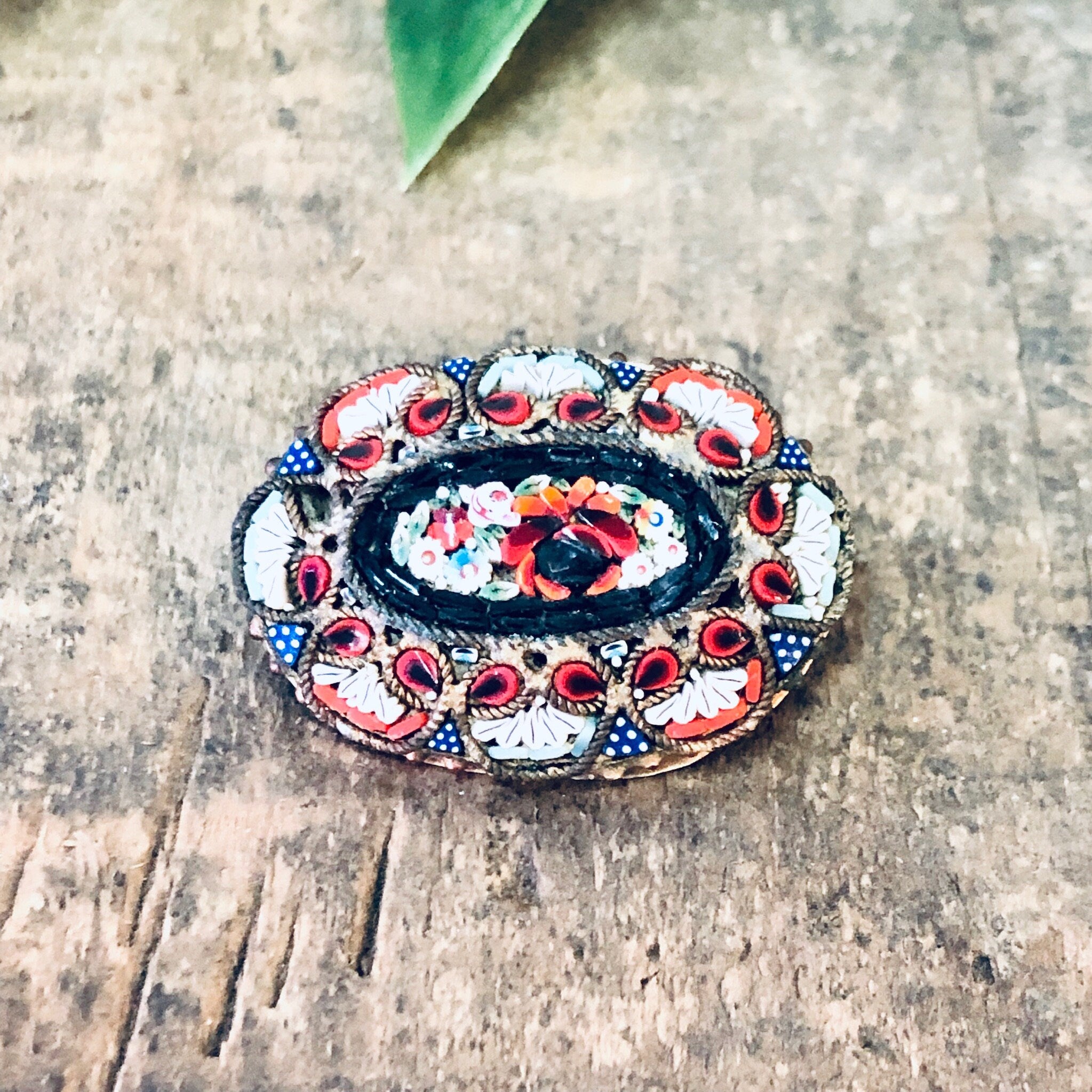 Vintage Brooch, Millefiori Brooch, Vintage Pin, Flower Pin, Floral Design, Mosaic Jewelry, Flower Mosaic, Red, blue, Made in Italy, Flowers
