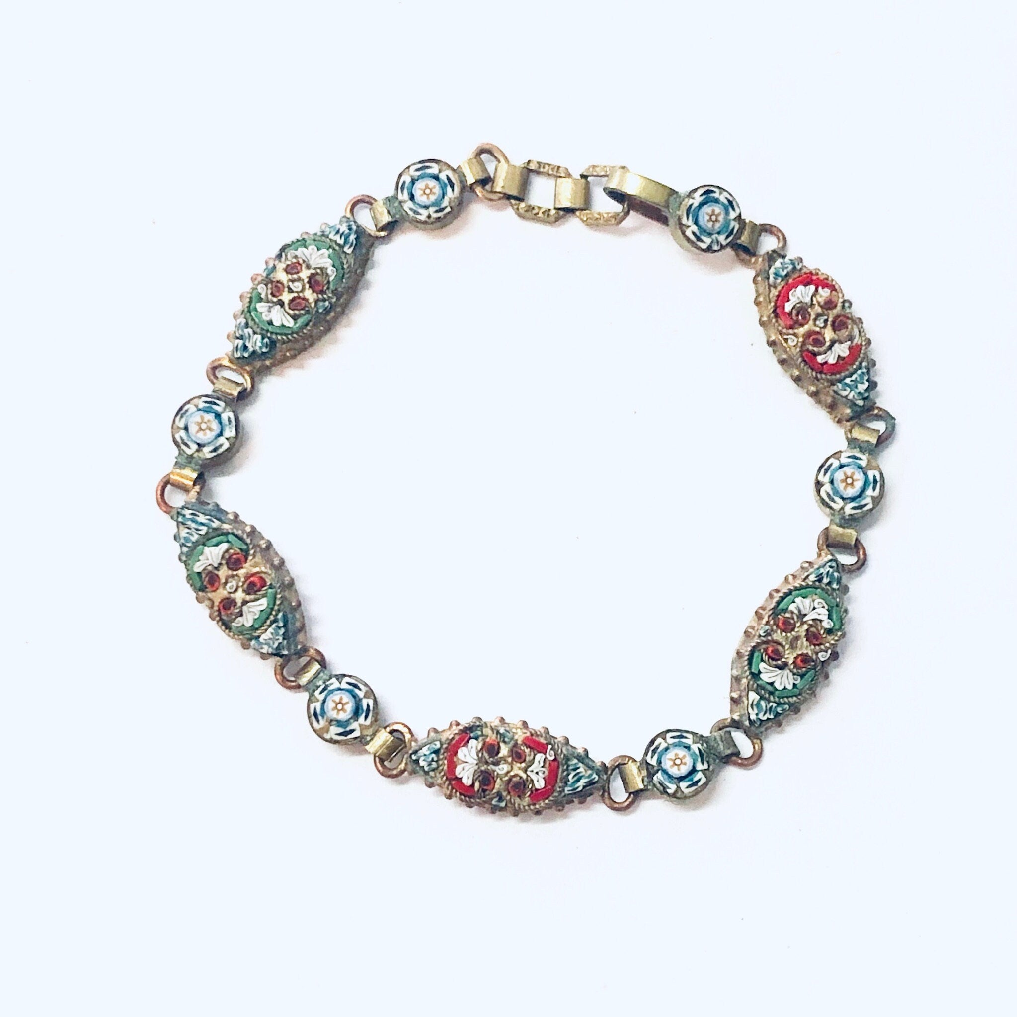 Vintage Bracelet, Millefiori Bracelet, Mosaic Jewelry, Link Bracelet, Vintage Jewelry, Flower Jewelry, Floral Bracelet, Green, Red, Blue,