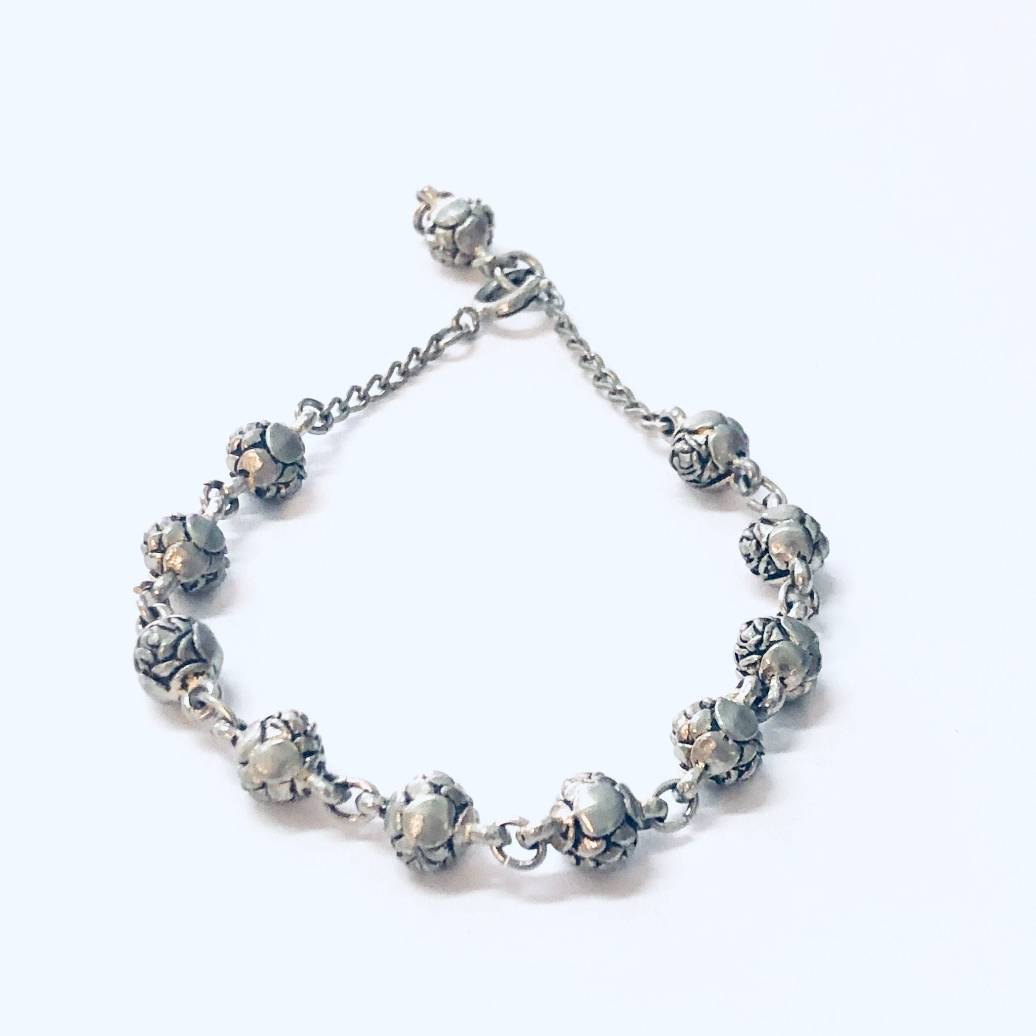 Vintage Bracelet, Flower Jewelry, Rose Bracelet, Floral Design, Ball Bracelet, Link Bracelet, Vintage Jewelry, Silver Tone Bracelet, Rose