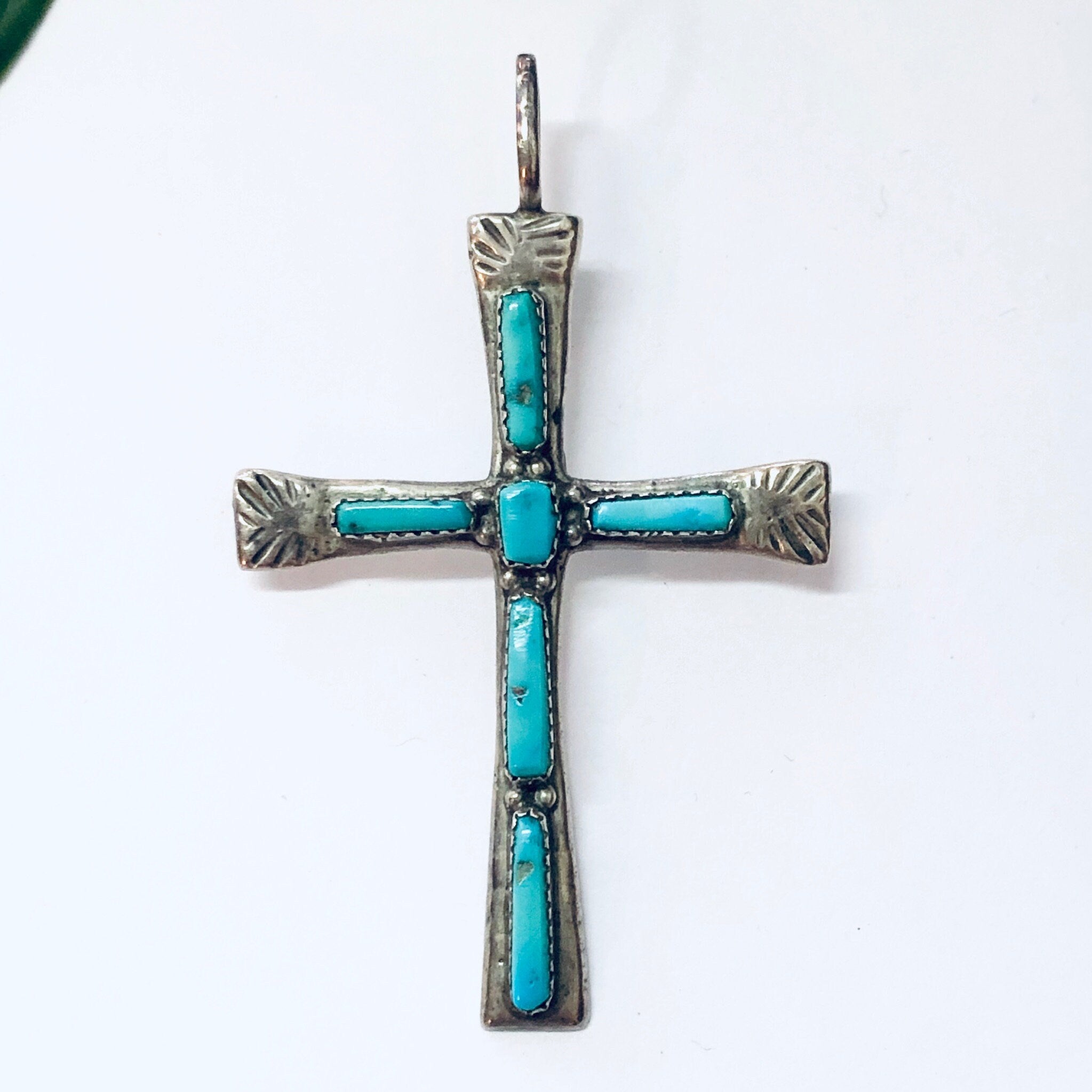 Vintage Zuni silver cross pendant with turquoise inlay, religious jewelry from L IULE