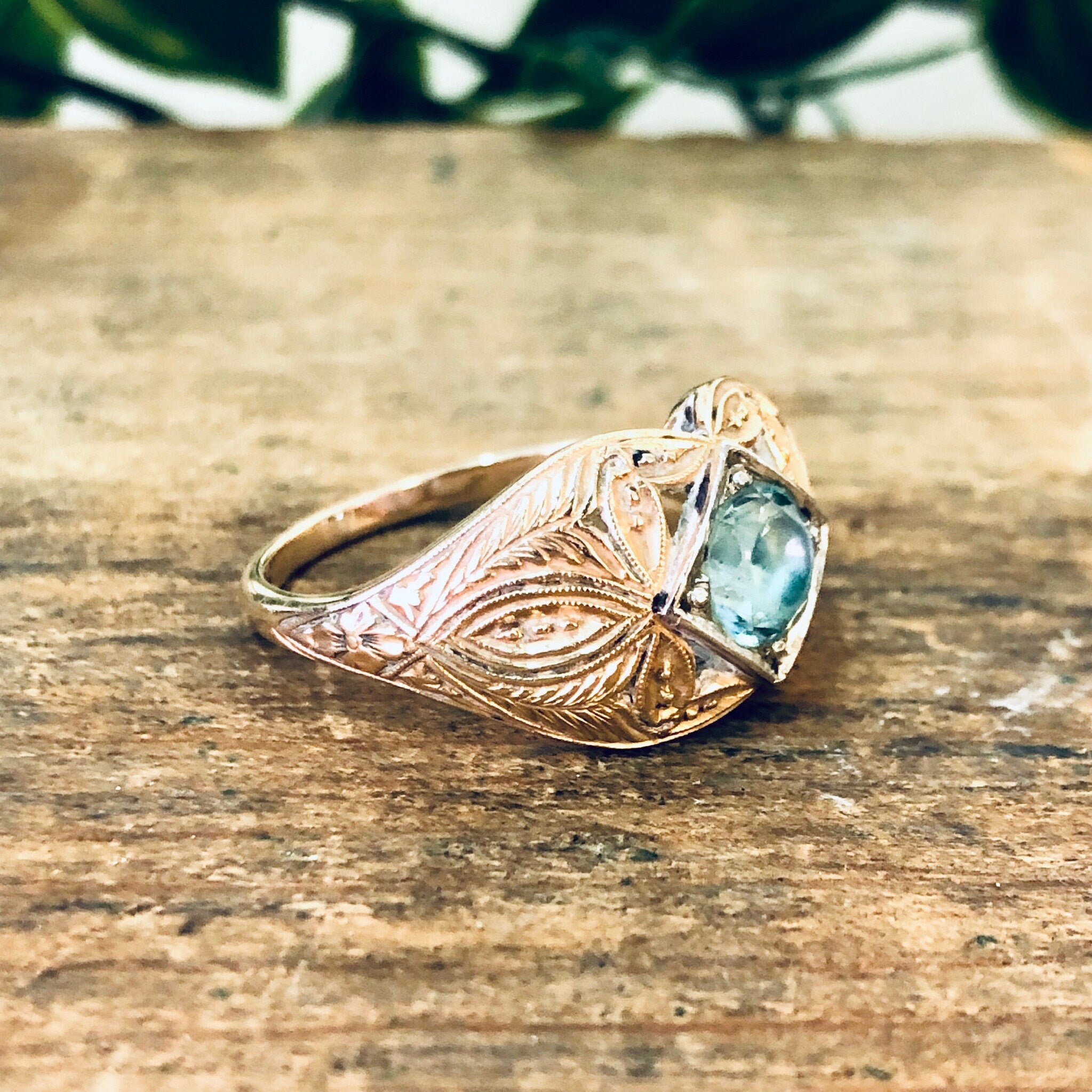Vintage Ring, 14K Gold Ring, Platinum Ring, Aquamarine Jewelry, Engagement Jewelry, Art Deco Jewelry, Vintage Jewelry, Yellow Gold, Platinum