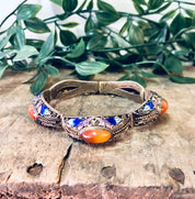 Vintage Bracelet, Amber Bracelet, Brass Jewelry, Enamel Jewelry, Blue and Green Enamel, Leaf Detail, Statement Jewelry, Link Bracelet, Amber