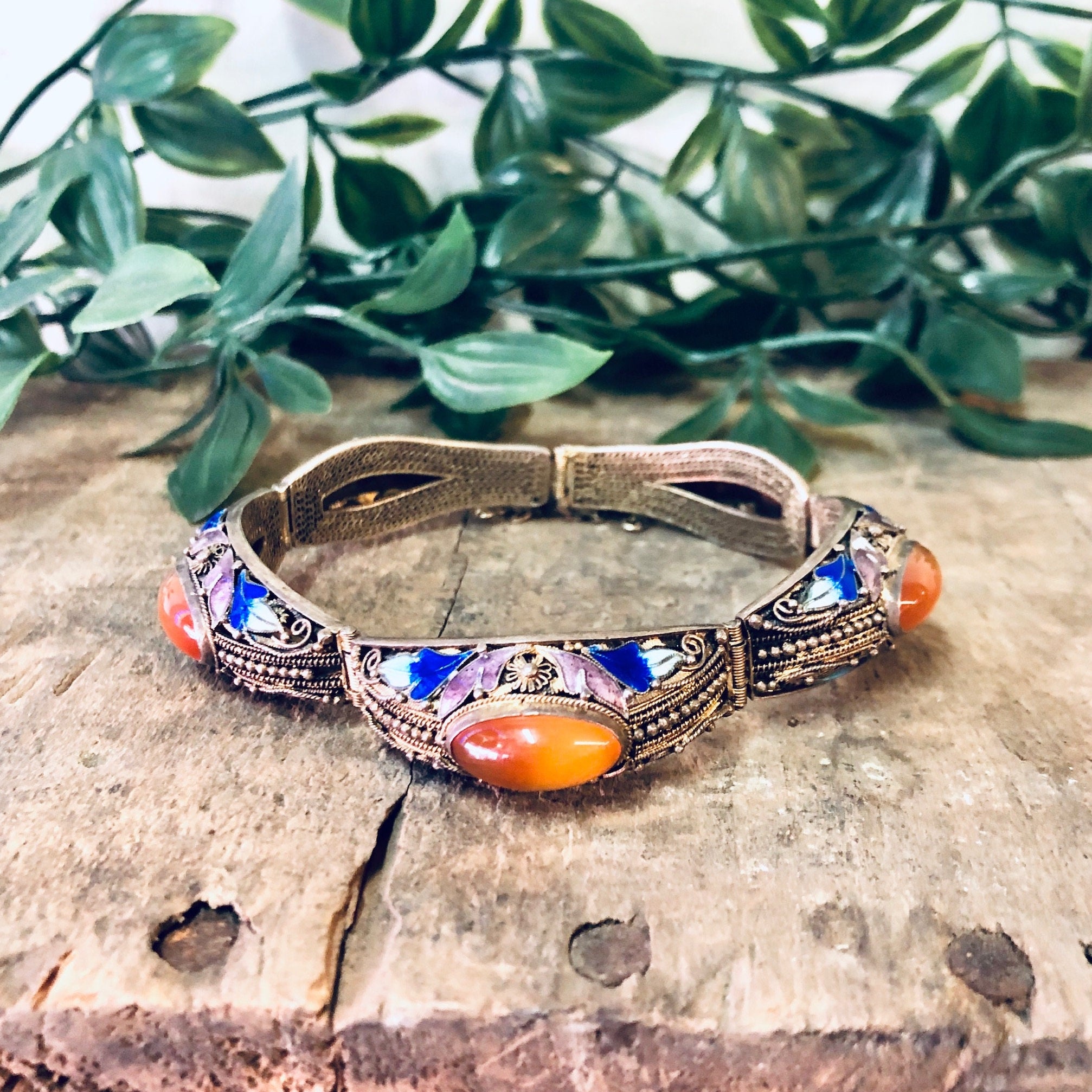 Vintage Bracelet, Amber Bracelet, Brass Jewelry, Enamel Jewelry, Blue and Green Enamel, Leaf Detail, Statement Jewelry, Link Bracelet, Amber