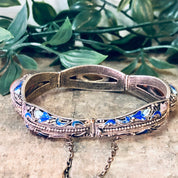 Vintage Bracelet, Amber Bracelet, Brass Jewelry, Enamel Jewelry, Blue and Green Enamel, Leaf Detail, Statement Jewelry, Link Bracelet, Amber