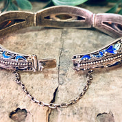 Vintage Bracelet, Amber Bracelet, Brass Jewelry, Enamel Jewelry, Blue and Green Enamel, Leaf Detail, Statement Jewelry, Link Bracelet, Amber