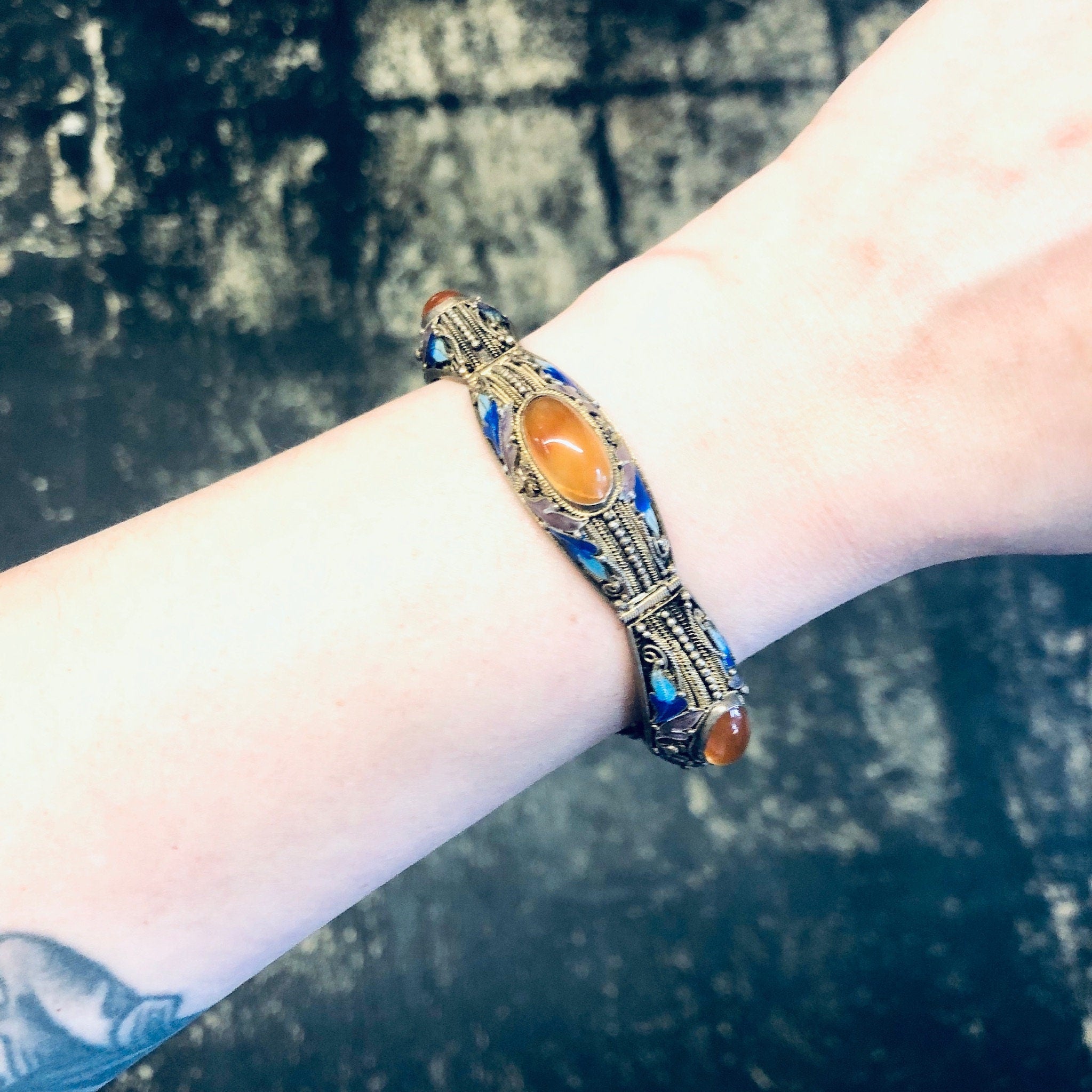 Vintage Bracelet, Amber Bracelet, Brass Jewelry, Enamel Jewelry, Blue and Green Enamel, Leaf Detail, Statement Jewelry, Link Bracelet, Amber