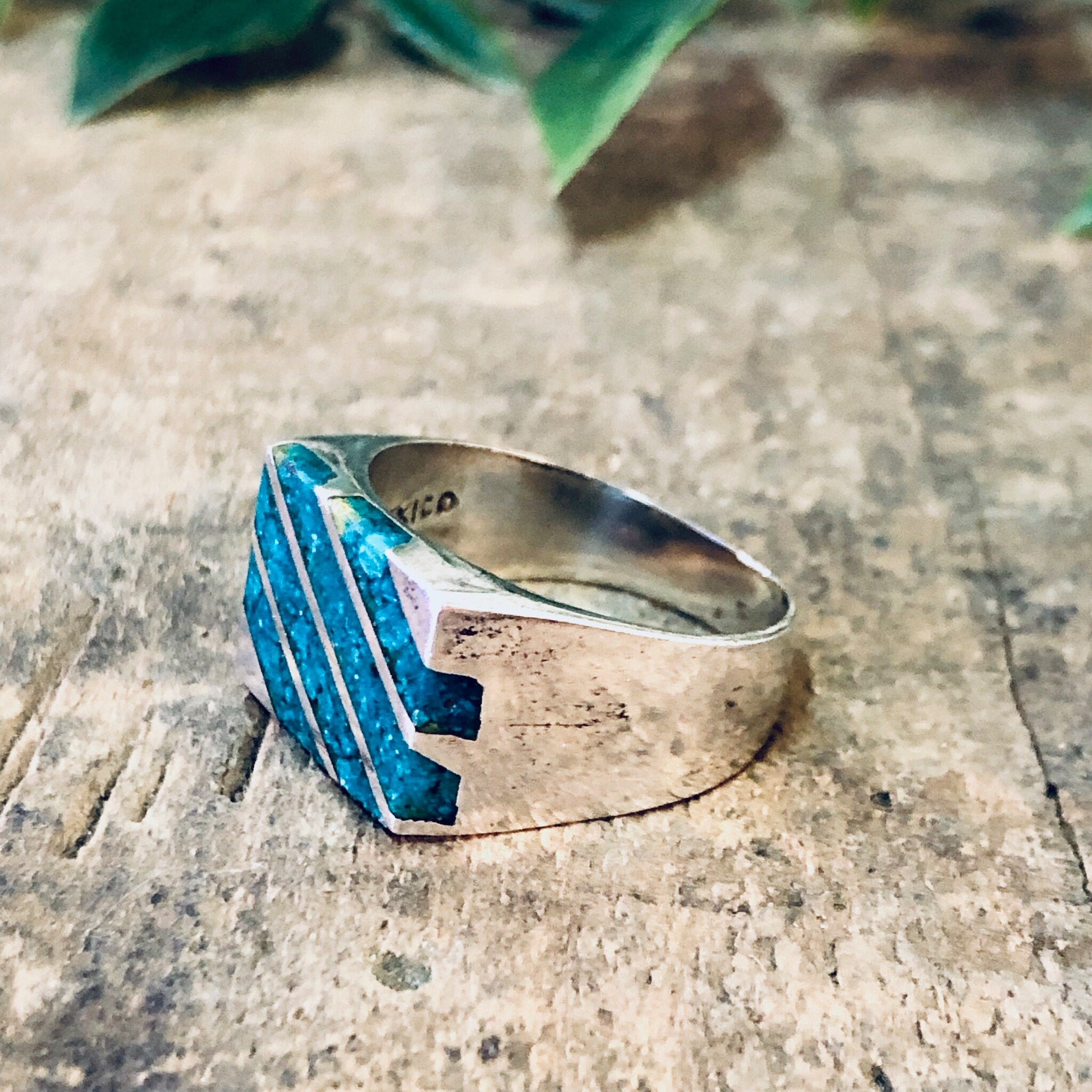 Vintage Ring, Silver Ring, Statement Ring, Turquoise Jewelry, Turquoise Ring, Striped Ring, Rectangle Ring, Blue and Silver, Vintage Jewelry