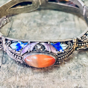 Vintage Bracelet, Amber Bracelet, Brass Jewelry, Enamel Jewelry, Blue and Green Enamel, Leaf Detail, Statement Jewelry, Link Bracelet, Amber