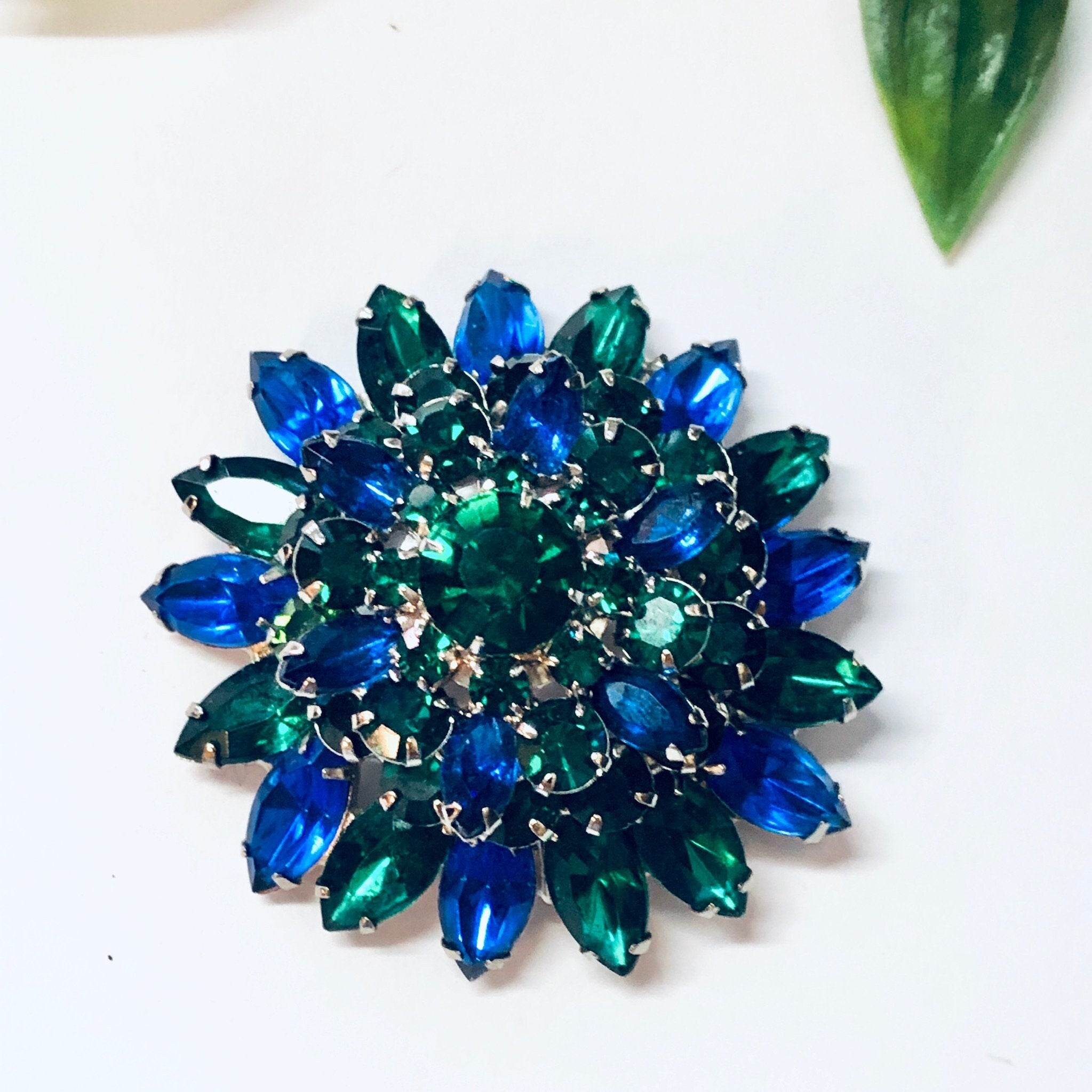 Vintage Brooch, Costume Jewelry, Statement Jewelry, Vintage Pin, Vintage Jewelry, Blue Gemstones, Green Gemstone, Plastic Brooch, Large Pin