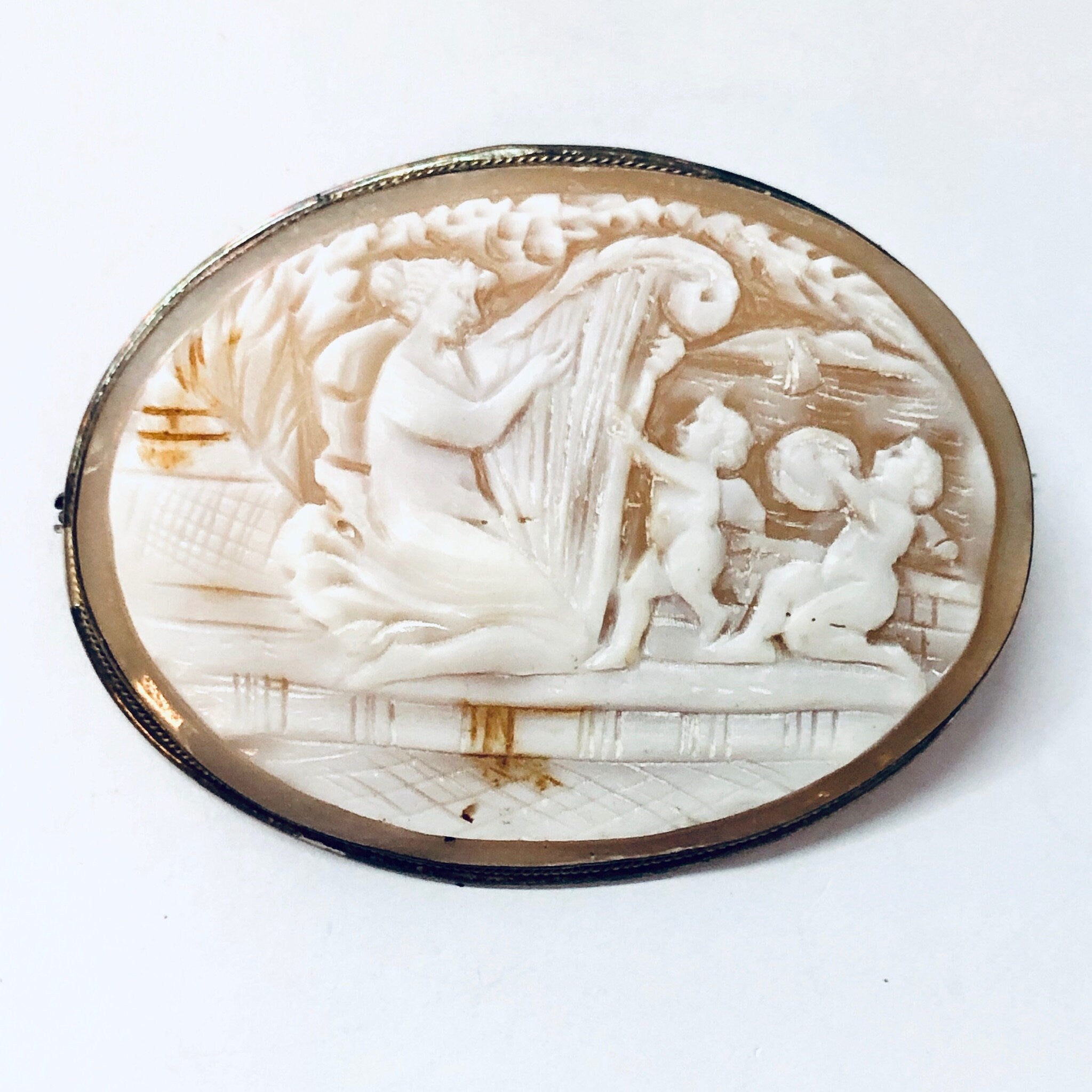 Vintage Brooch, Cameo Brooch, Orange Cameo, Cameo Jewelry, Vintage Jewelry, Silver Cameo, Large Cameo, Musical Brooch, Harp Player, Scenic