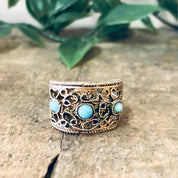 Vintage Ring, Statement Ring, Costume Jewelry, Filagree Ring, Cut out Ring, Adjustable Ring, Vintage Jewelry, Blue Beaded Ring, Turquoise