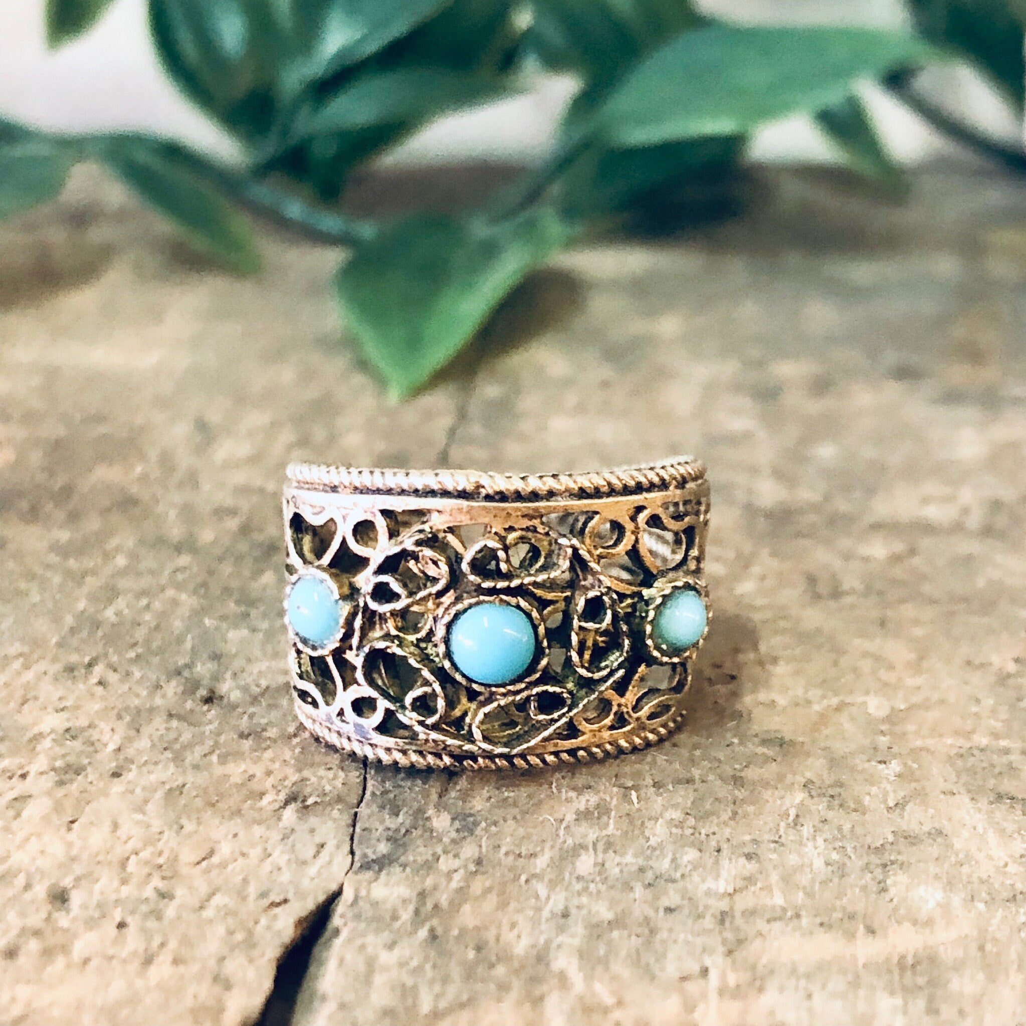 Vintage Ring, Statement Ring, Costume Jewelry, Filagree Ring, Cut out Ring, Adjustable Ring, Vintage Jewelry, Blue Beaded Ring, Turquoise