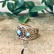 Vintage Ring, Statement Ring, Costume Jewelry, Filagree Ring, Cut out Ring, Adjustable Ring, Vintage Jewelry, Blue Beaded Ring, Turquoise