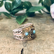 Vintage Ring, Statement Ring, Costume Jewelry, Filagree Ring, Cut out Ring, Adjustable Ring, Vintage Jewelry, Blue Beaded Ring, Turquoise