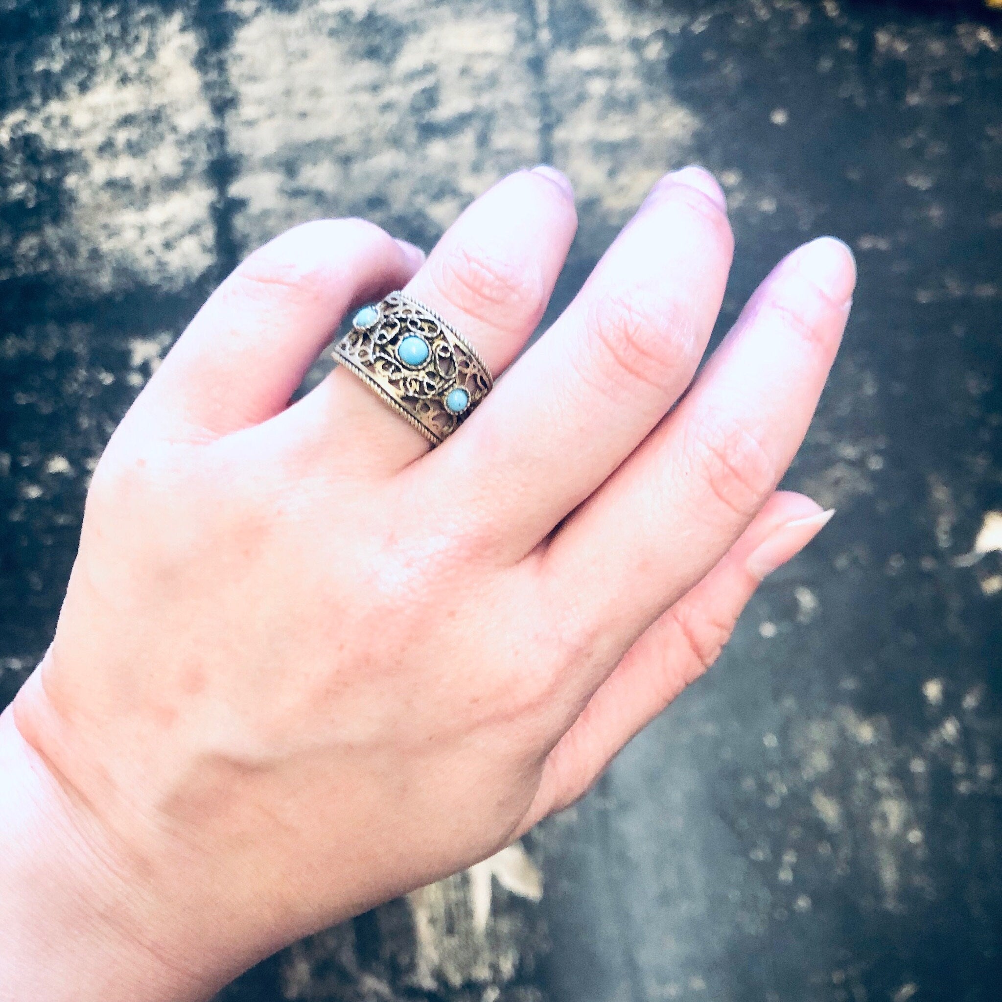 Vintage Ring, Statement Ring, Costume Jewelry, Filagree Ring, Cut out Ring, Adjustable Ring, Vintage Jewelry, Blue Beaded Ring, Turquoise