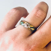 Vintage Ring, Cloissone Ring, Enamel Jewelry, Floral Ring, Thin Band Ring, Cloissone Jewelry, Pink Flowers, Flower Ring, Flower Band, Blue