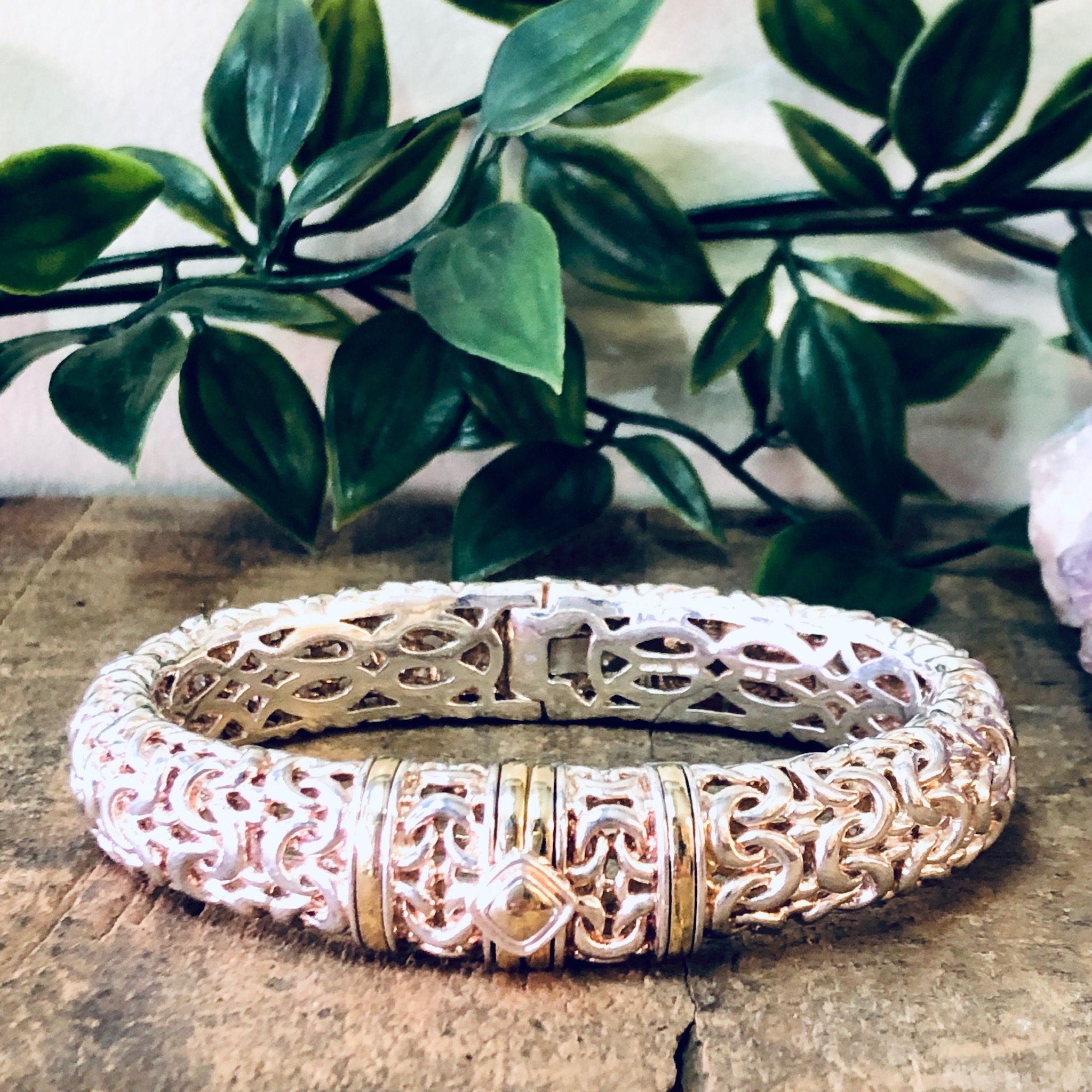 Vintage Bracelet, Silver Bracelet, Bangle Bracelet, Cuff Bracelet, Vintage Jewelry, Gold Accents, Unique Jewelry, Hinged Bangle, Unique 925