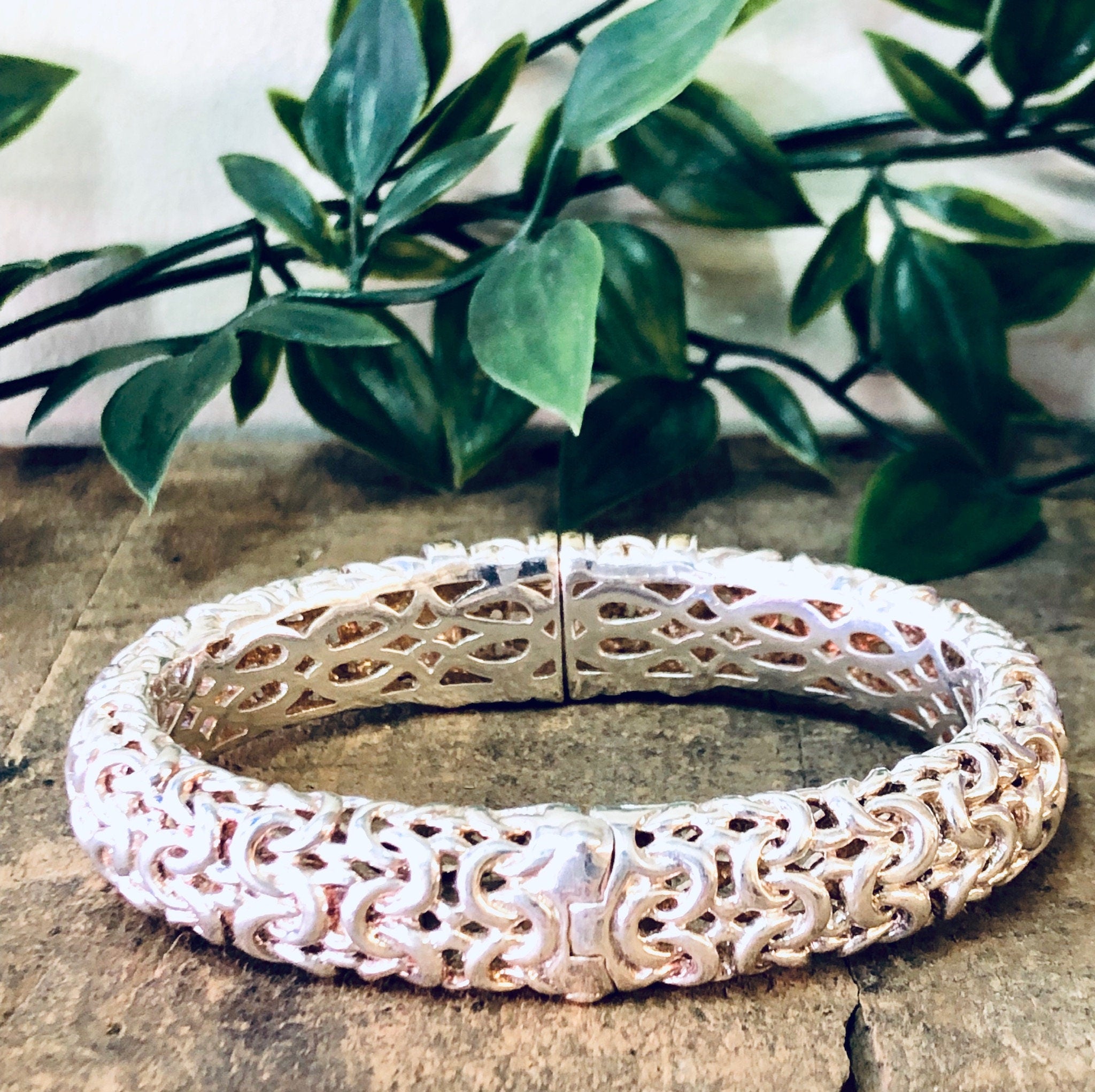 Vintage Bracelet, Silver Bracelet, Bangle Bracelet, Cuff Bracelet, Vintage Jewelry, Gold Accents, Unique Jewelry, Hinged Bangle, Unique 925