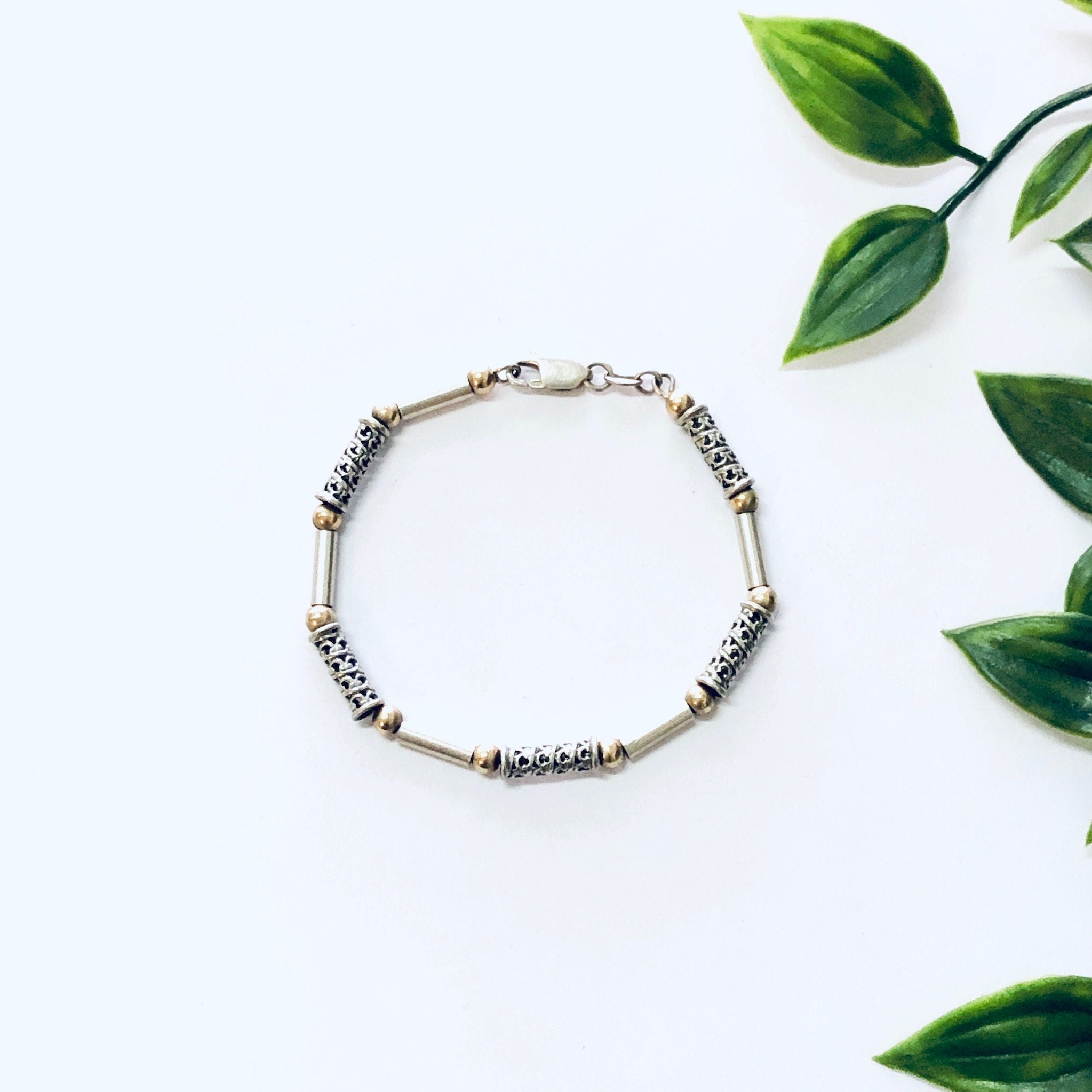 Vintage Bracelet, Silver Bracelet, Link Bracelet, Vintage Jewelry, Unique Bracelet, Gold Accents, Thin Bracelet, 925 Bracelet, Anniversary