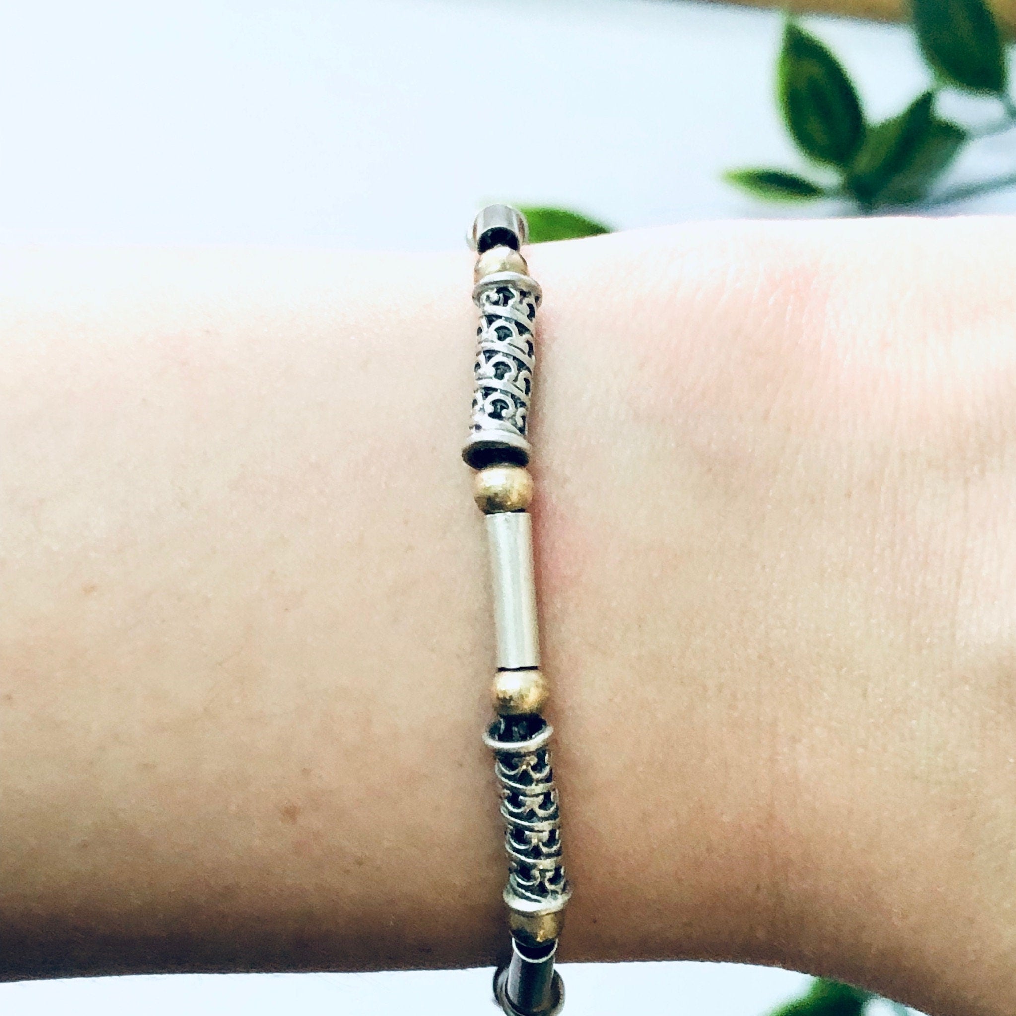 Vintage Bracelet, Silver Bracelet, Link Bracelet, Vintage Jewelry, Unique Bracelet, Gold Accents, Thin Bracelet, 925 Bracelet, Anniversary