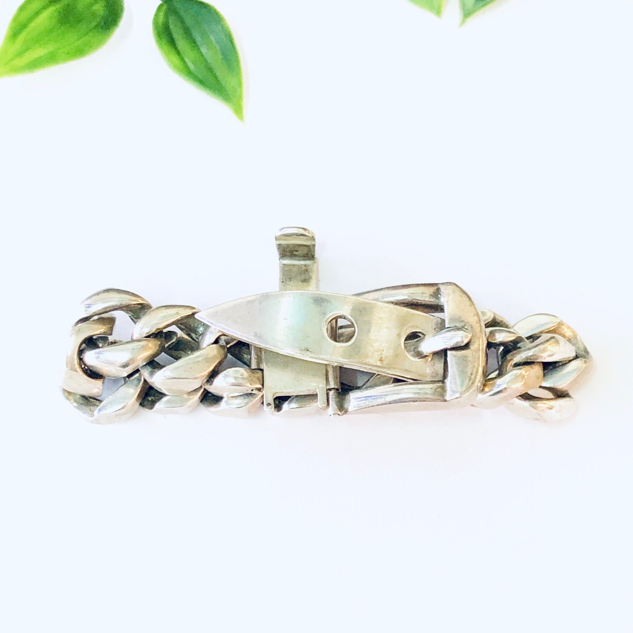 Vintage Bracelet, Silver Bracelet, Cuban Link Belt Bracelet, Buckle Bracelet, Hermes style, Cuban Link Chain, Thick Bracelet, Unique Jewelry