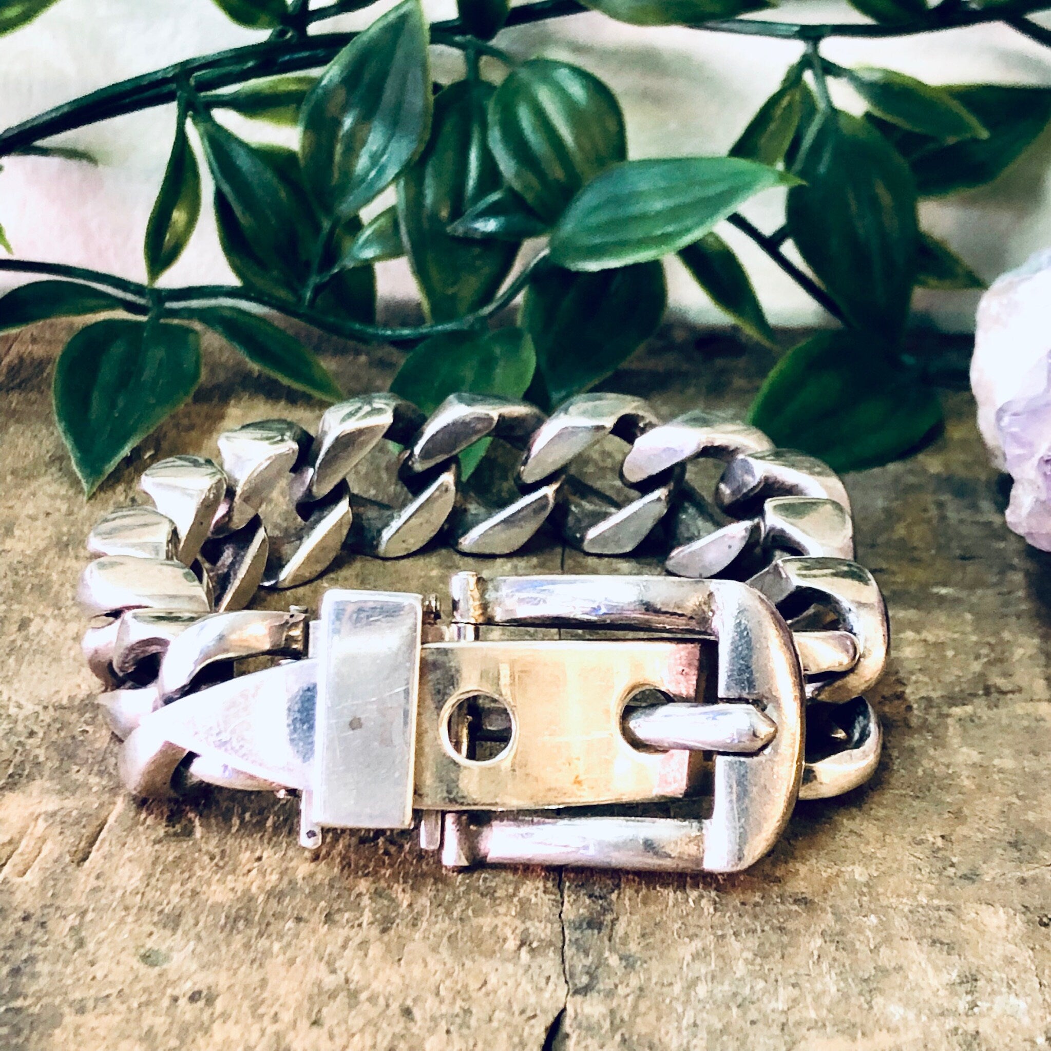 Vintage Bracelet, Silver Bracelet, Cuban Link Belt Bracelet, Buckle Bracelet, Hermes style, Cuban Link Chain, Thick Bracelet, Unique Jewelry