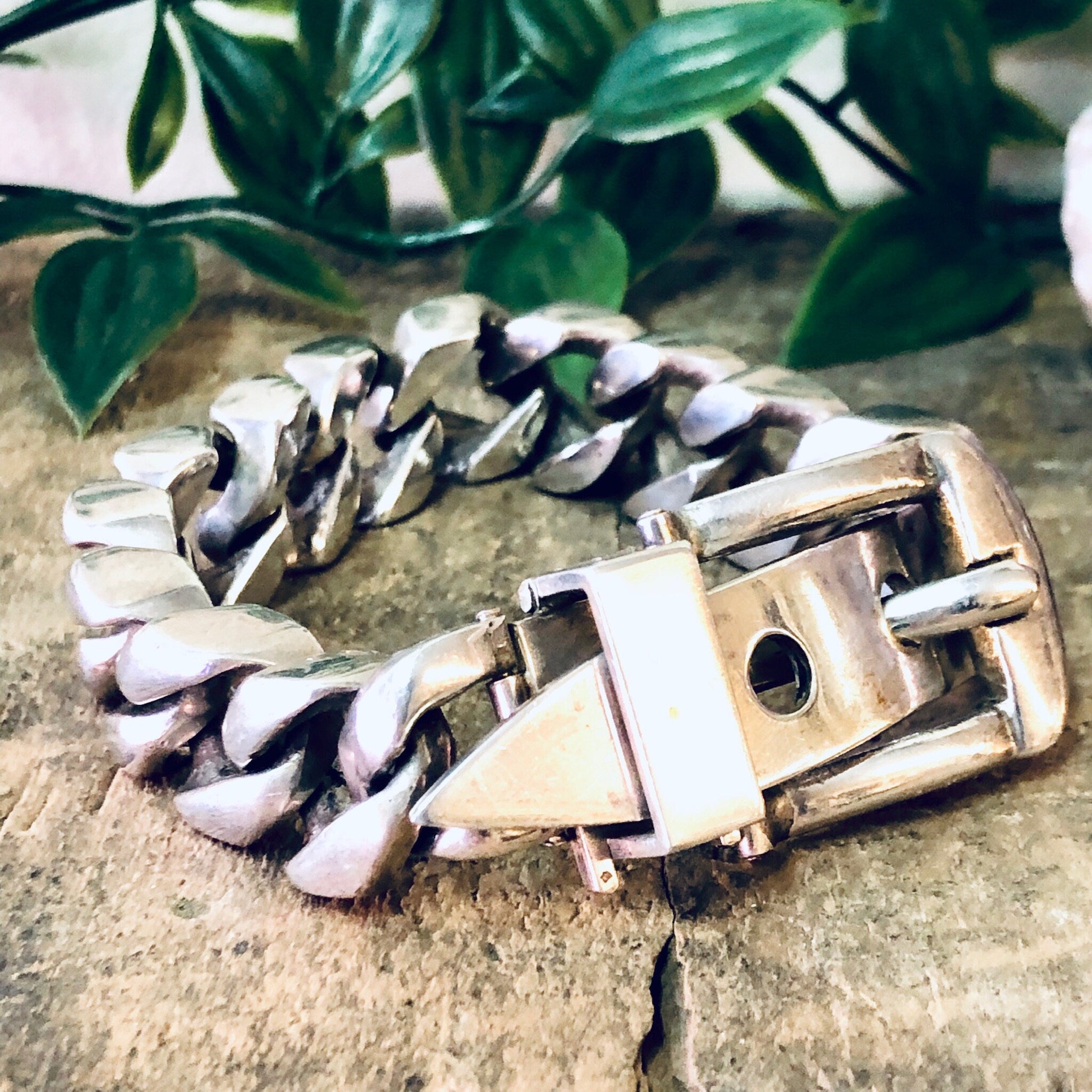 Vintage Bracelet, Silver Bracelet, Cuban Link Belt Bracelet, Buckle Bracelet, Hermes style, Cuban Link Chain, Thick Bracelet, Unique Jewelry