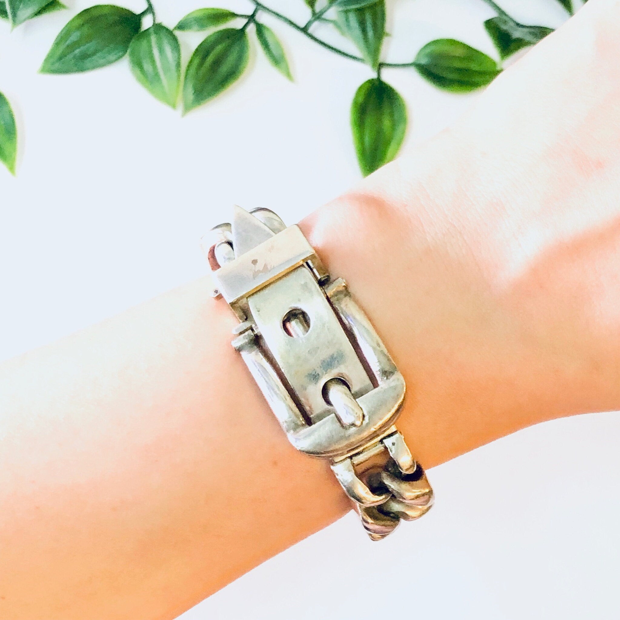 Vintage Bracelet, Silver Bracelet, Cuban Link Belt Bracelet, Buckle Bracelet, Hermes style, Cuban Link Chain, Thick Bracelet, Unique Jewelry