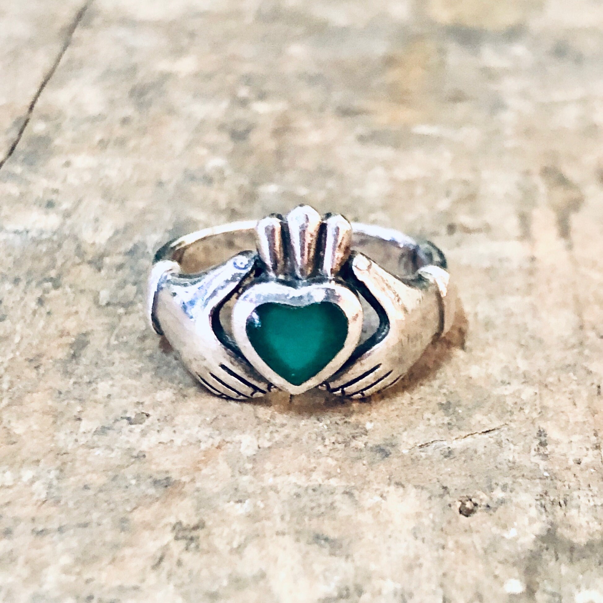 Vintage Ring, Silver Ring, Claddagh Ring, Green Enamel, Green and Silver, Heart Ring, Hand Jewelry, Love Ring, Loyalty Jewelry, 925 Ring