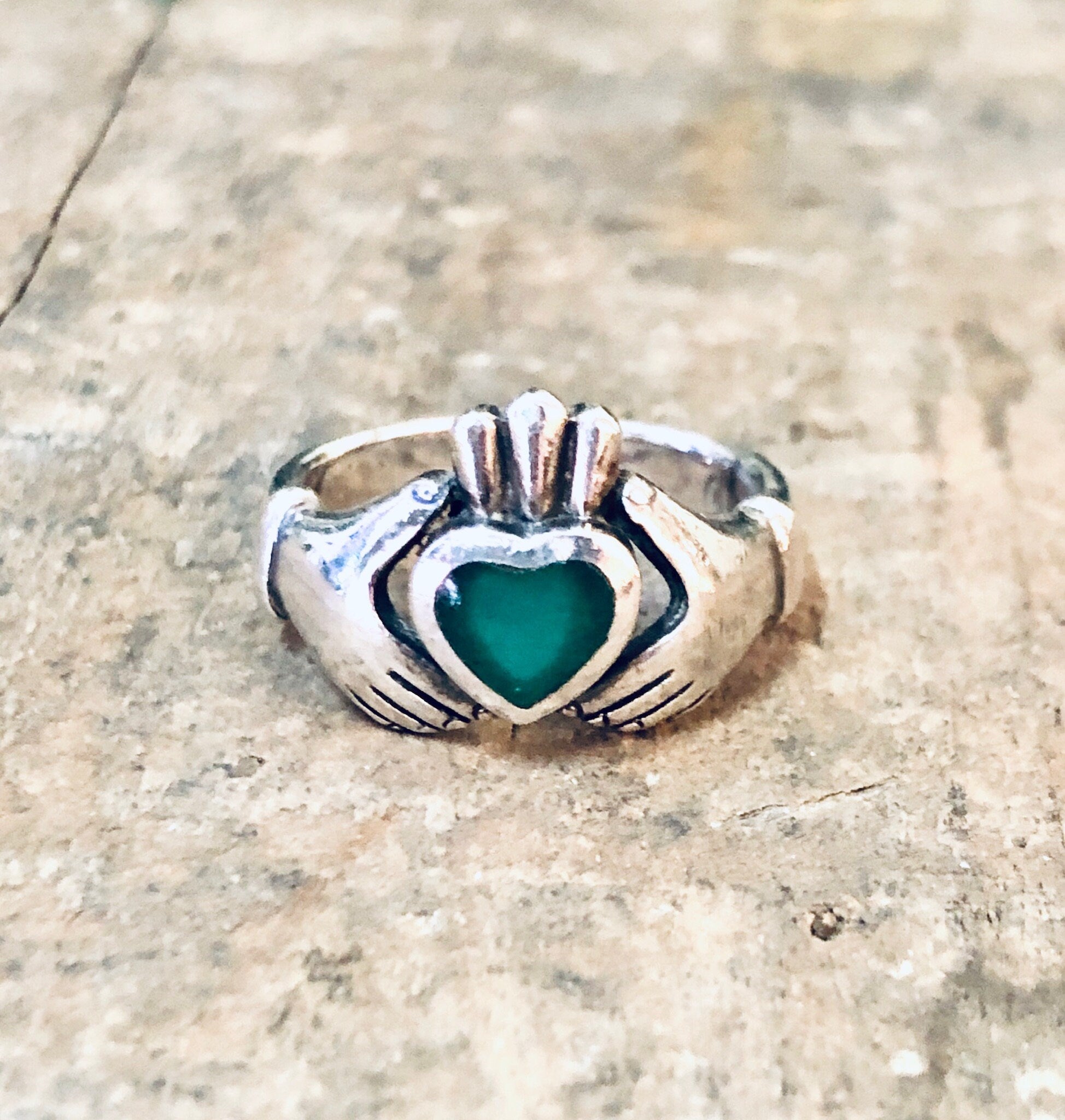 Vintage Ring, Silver Ring, Claddagh Ring, Green Enamel, Green and Silver, Heart Ring, Hand Jewelry, Love Ring, Loyalty Jewelry, 925 Ring