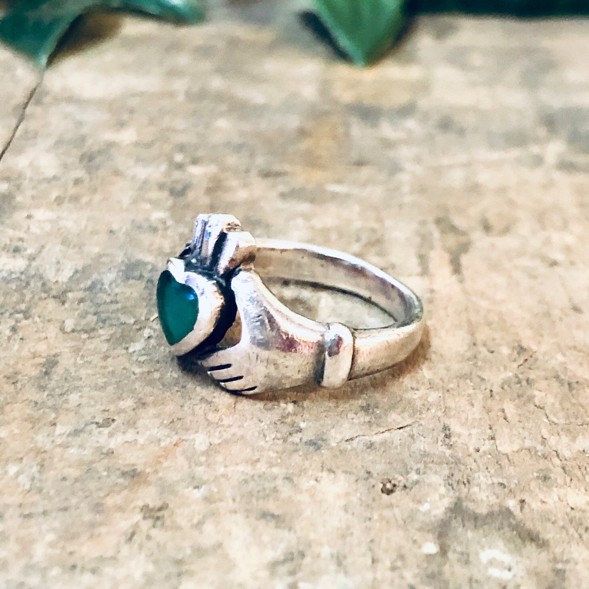 Vintage Ring, Silver Ring, Claddagh Ring, Green Enamel, Green and Silver, Heart Ring, Hand Jewelry, Love Ring, Loyalty Jewelry, 925 Ring