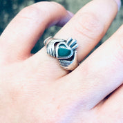 Vintage Ring, Silver Ring, Claddagh Ring, Green Enamel, Green and Silver, Heart Ring, Hand Jewelry, Love Ring, Loyalty Jewelry, 925 Ring