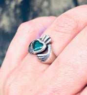 Vintage Ring, Silver Ring, Claddagh Ring, Green Enamel, Green and Silver, Heart Ring, Hand Jewelry, Love Ring, Loyalty Jewelry, 925 Ring