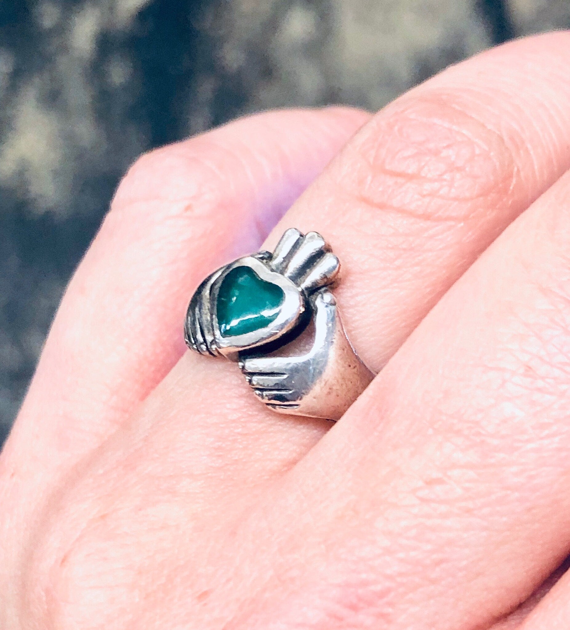 Vintage Ring, Silver Ring, Claddagh Ring, Green Enamel, Green and Silver, Heart Ring, Hand Jewelry, Love Ring, Loyalty Jewelry, 925 Ring