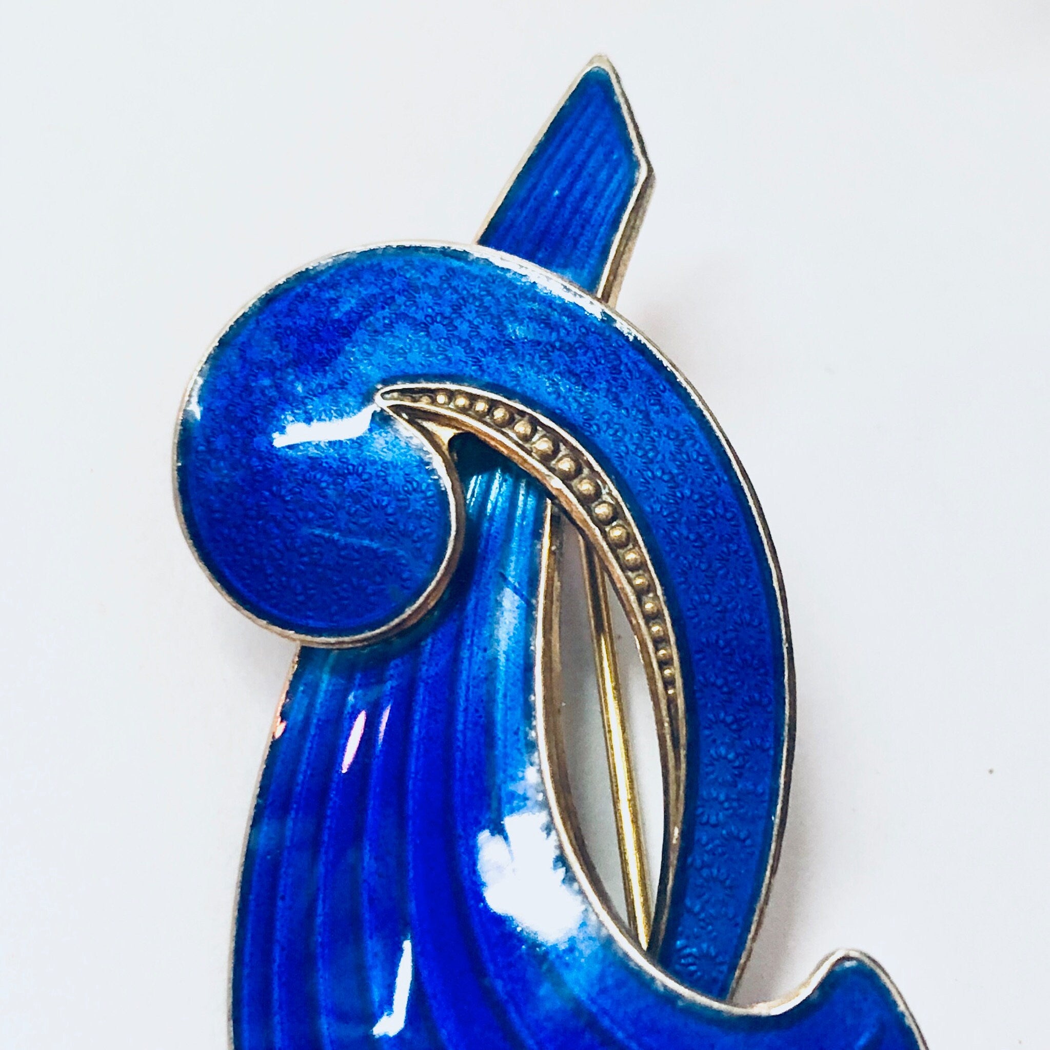 Vintage Brooch, Silver Brooch, A. SCH. Norway Pin, Blue Brooch, Vermeil Brooch, Blue Enamel, Cobalt Blue Pin, Vintage Jewelry, Designer Pin